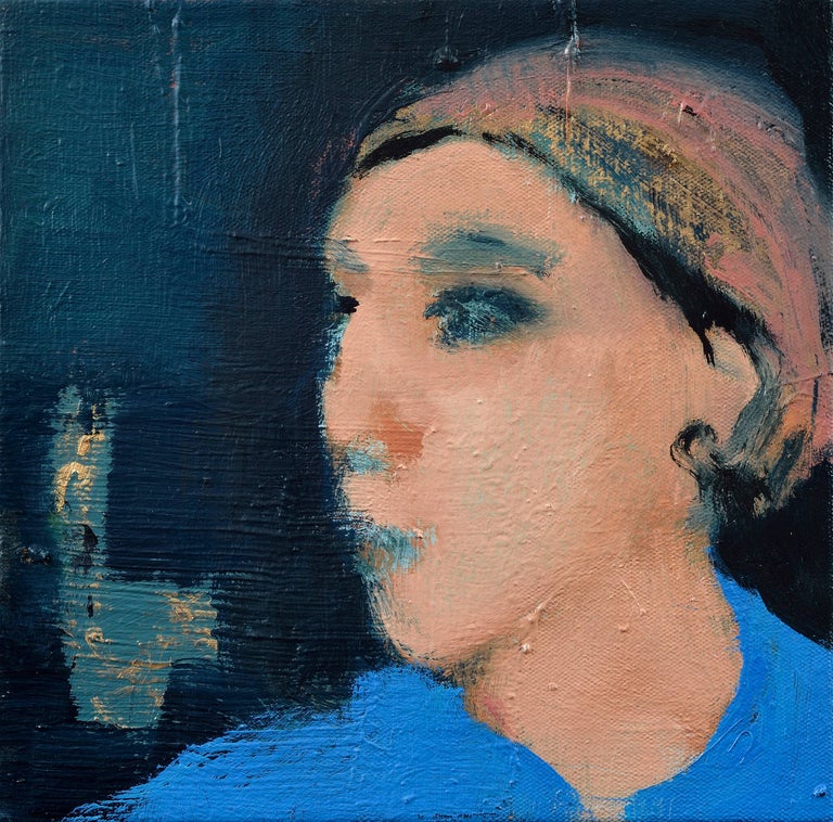 Femme en bleu - small, intimate, blue, pink, female figurative oil painting - Painting by Jennifer Hornyak