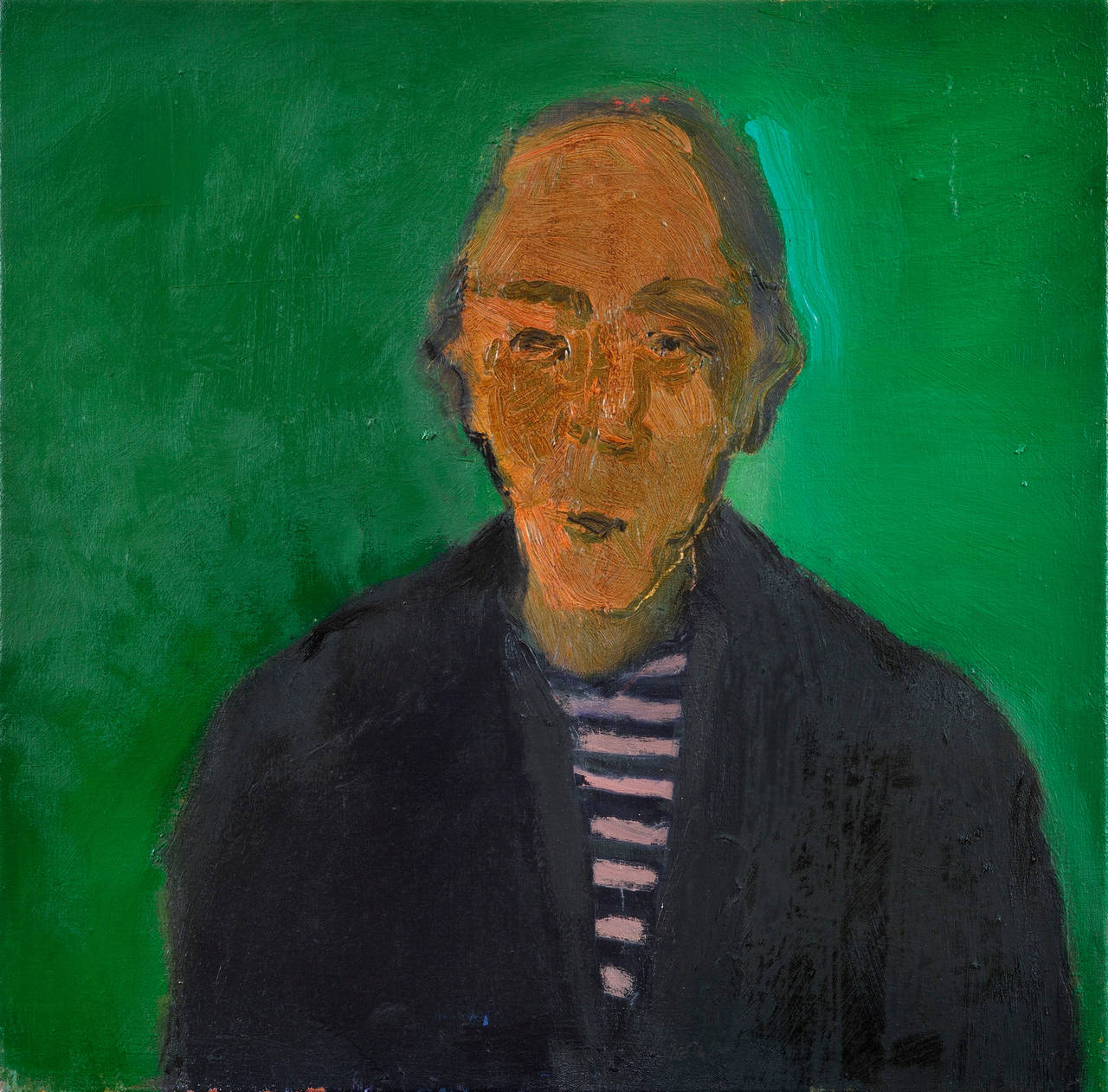 Figurative Painting Jennifer Hornyak - Homme avec chemise rayée - peinture à l'huile - portrait figuratif d'homme vert, nature morte figurative
