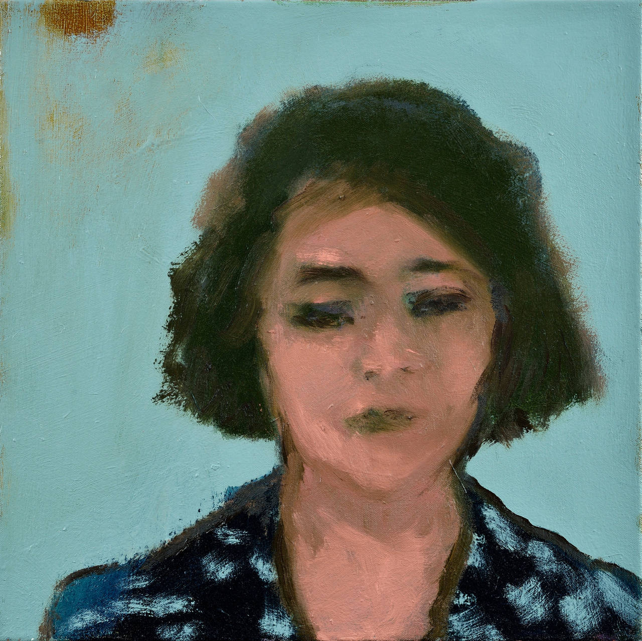 Woman with Print Dress - small teal blue, female portrait figurative still life