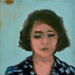 Femme avec robe imprimée - petit bleu sarcelle, portrait de femme nature morte figurative