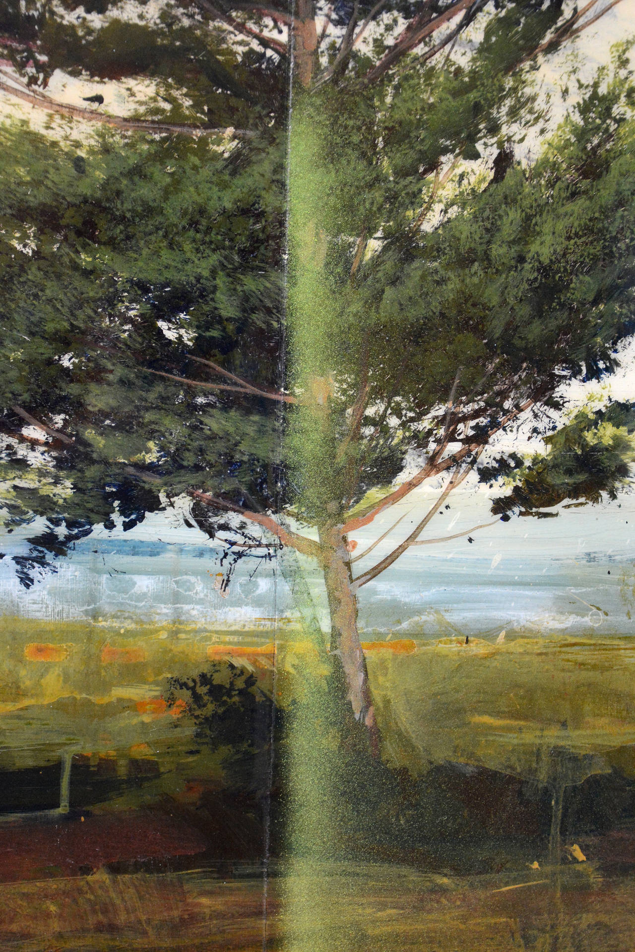 Guardian II - groß, Baum, Landschaft, Impressionist, Acryl, Harz auf Tafel (Zeitgenössisch), Painting, von Peter Hoffer