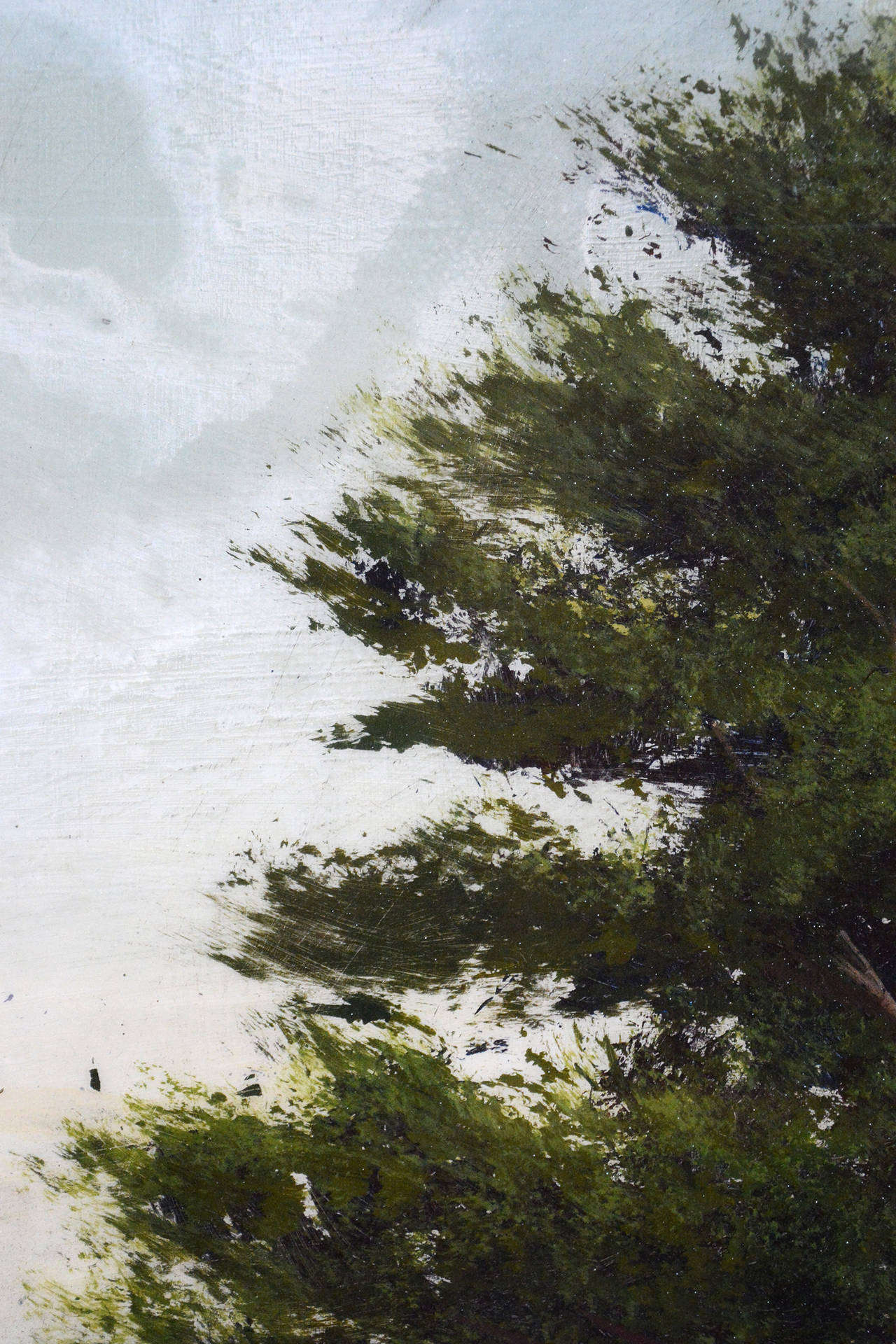 Ein einsamer, symbolträchtiger Baum steht vor einem weiten, leuchtenden Himmel. Die dynamische Oberfläche dieses Gemäldes ist durch ein reflektierendes Harz geschützt. Dies ist eine kraftvolle, großformatige und eindringliche Landschaft dieses