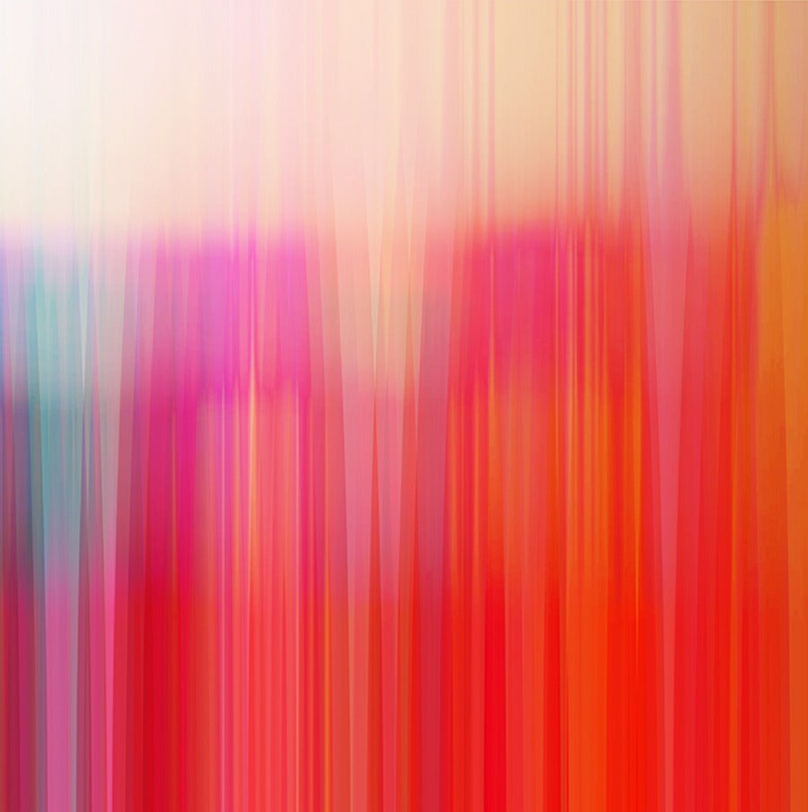 Like a fragment of blurred film, abstract shapes saturated in red, fuschia, violet, and blue flicker across this square archival chromogenic print. The image is mounted on a hand crafted multilayered wood base and both are precisely coated in high