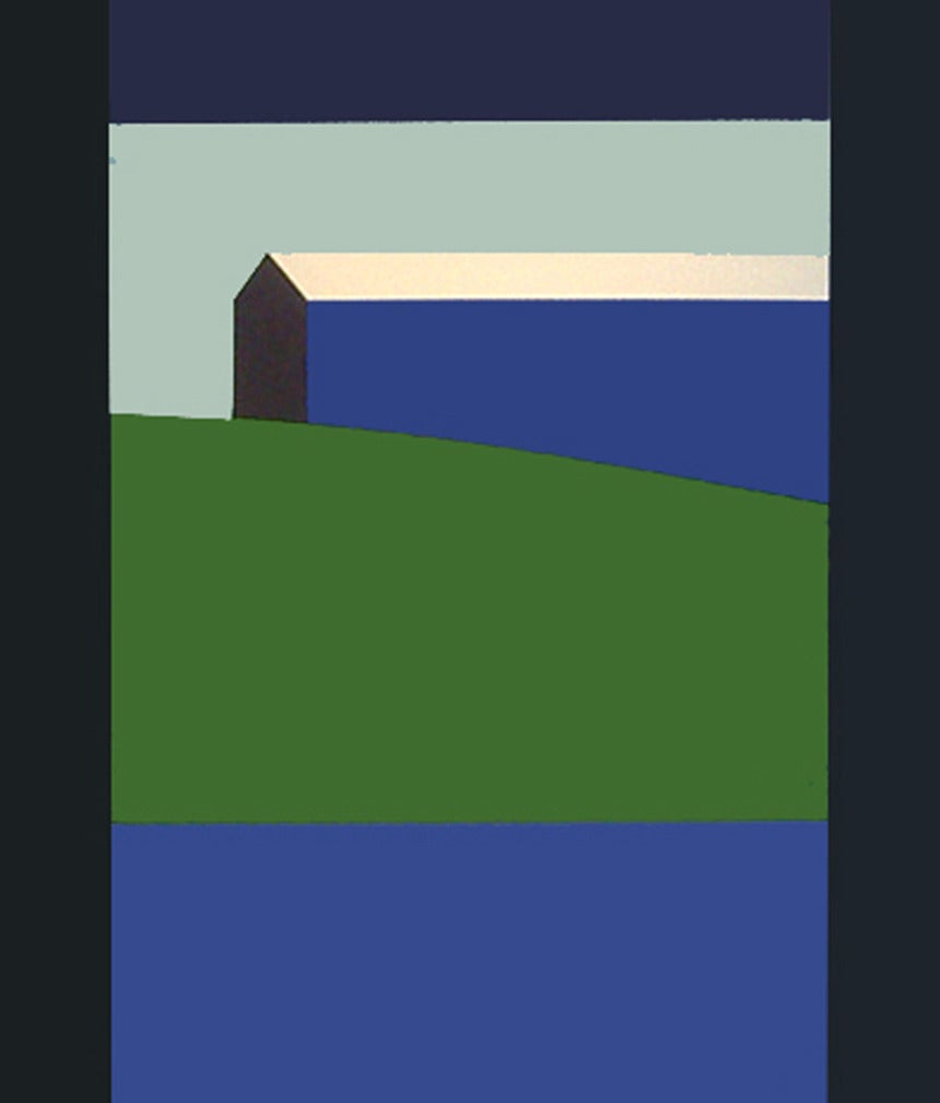 Granero azul Campo verde (grande) - paisaje, contemporáneo, acrílico sobre lienzo - Painting de Charles Pachter