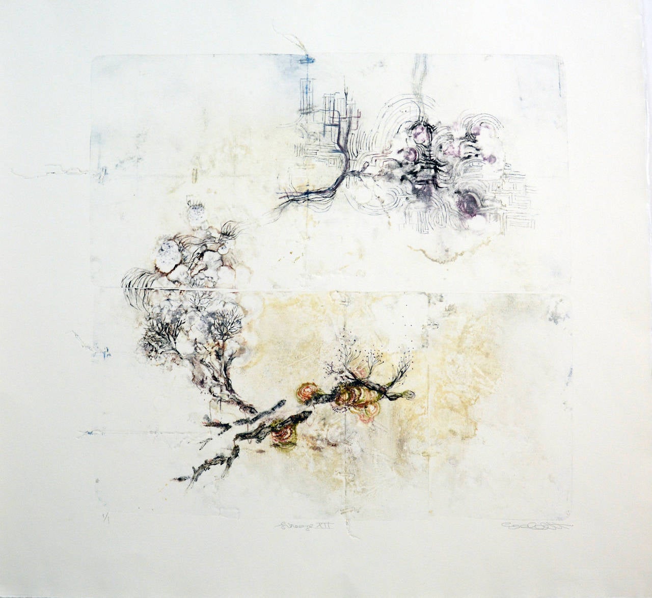 Lineage XII - delicate, copper, oil ink, sketch, monoprint on archival paper - Art by Susan Collett