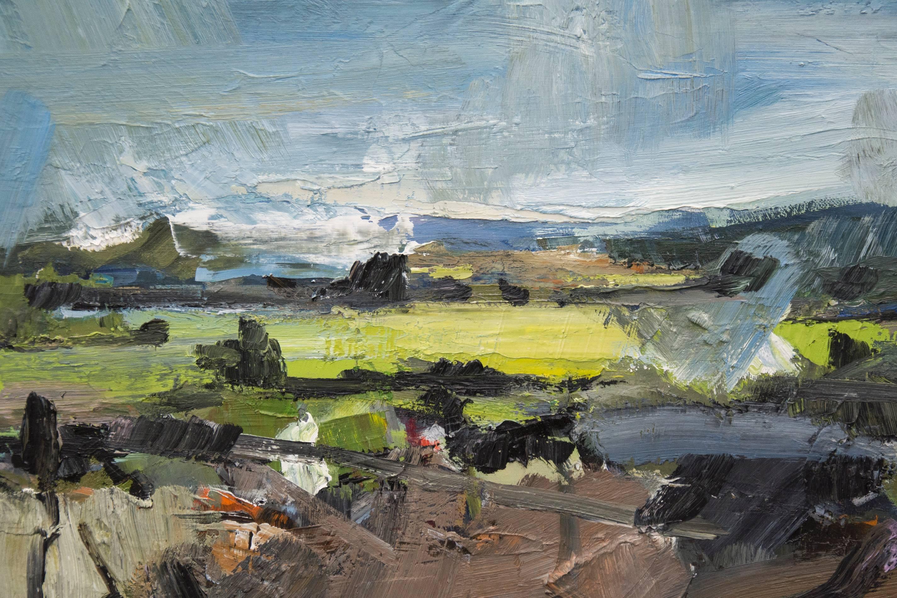 Landscape With Sunlit Fields - Painting by Simon Andrew