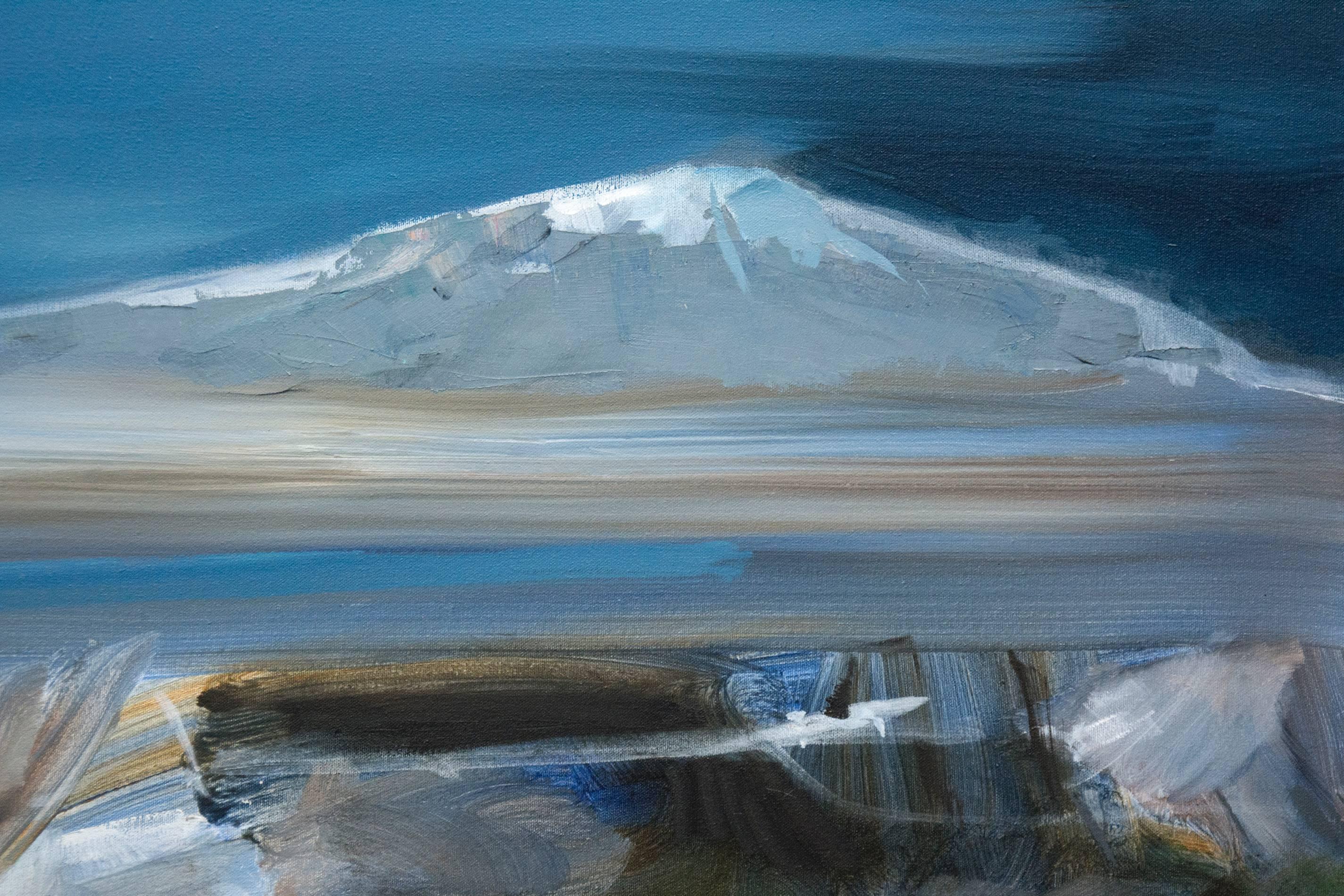 Moon and Mountain - moonlit landscape with strokes of sienna, indigo and white - Contemporary Painting by Simon Andrew