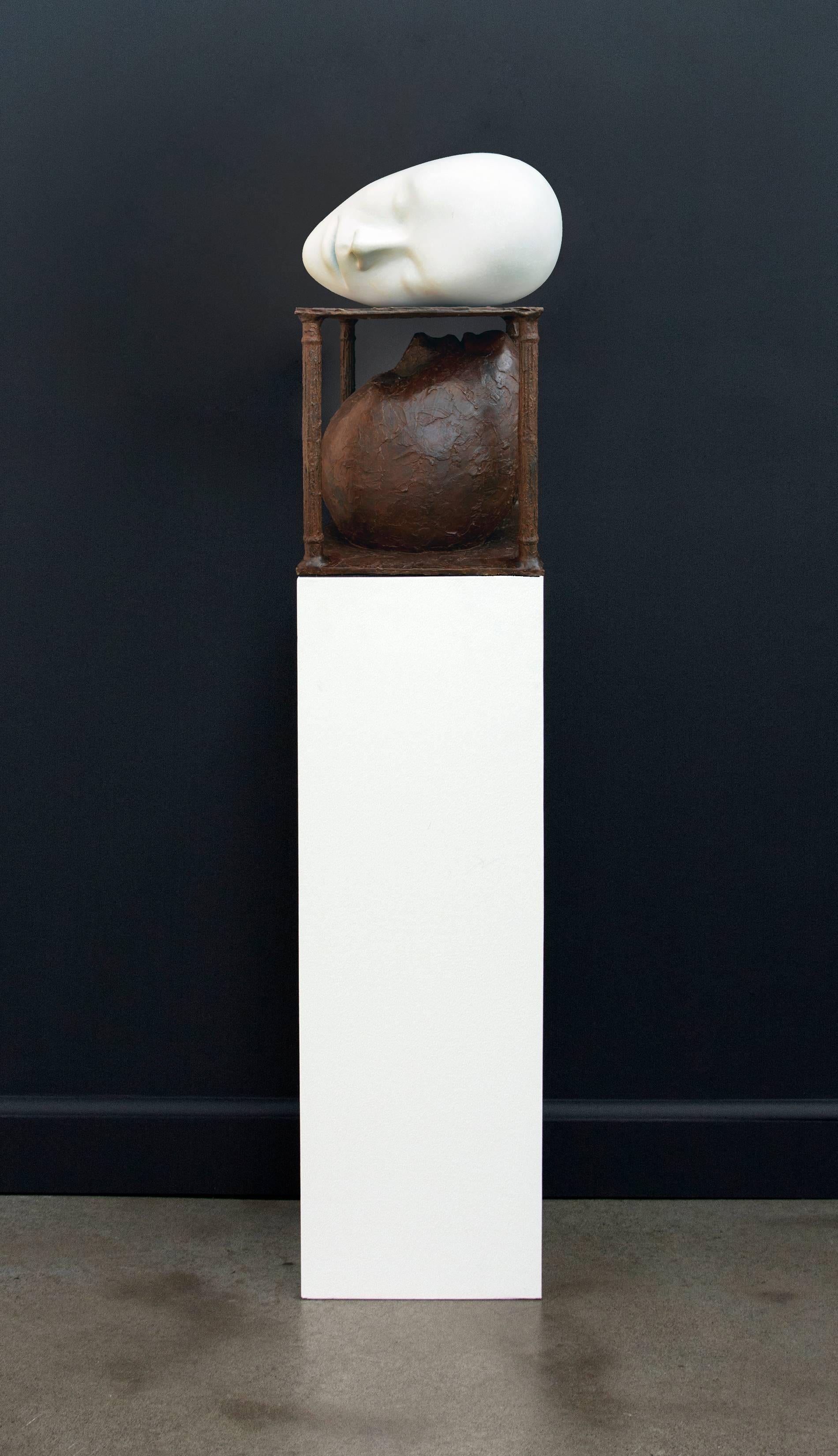 Whisper 3/7 - human face, narrative, patinated bronze figurative sculpture - Sculpture by Dale Dunning