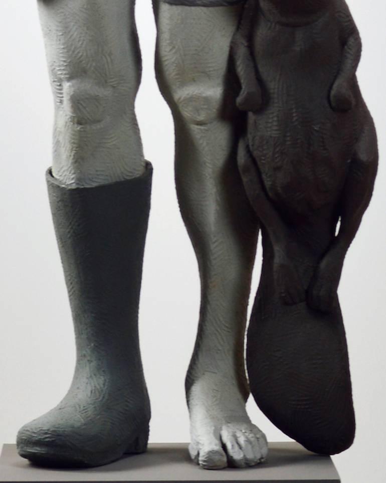 Ambivalence 1 of 3 - tall, figurative, male, animal, monochrome, resin sculpture - Gray Figurative Sculpture by Nicholas Crombach