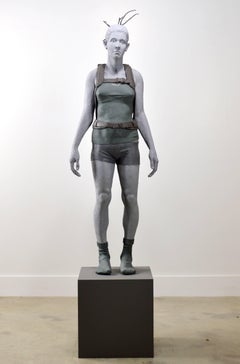 Girl With Crate 1 of 3 - tall, figurative, female, muted colour, resin sculpture