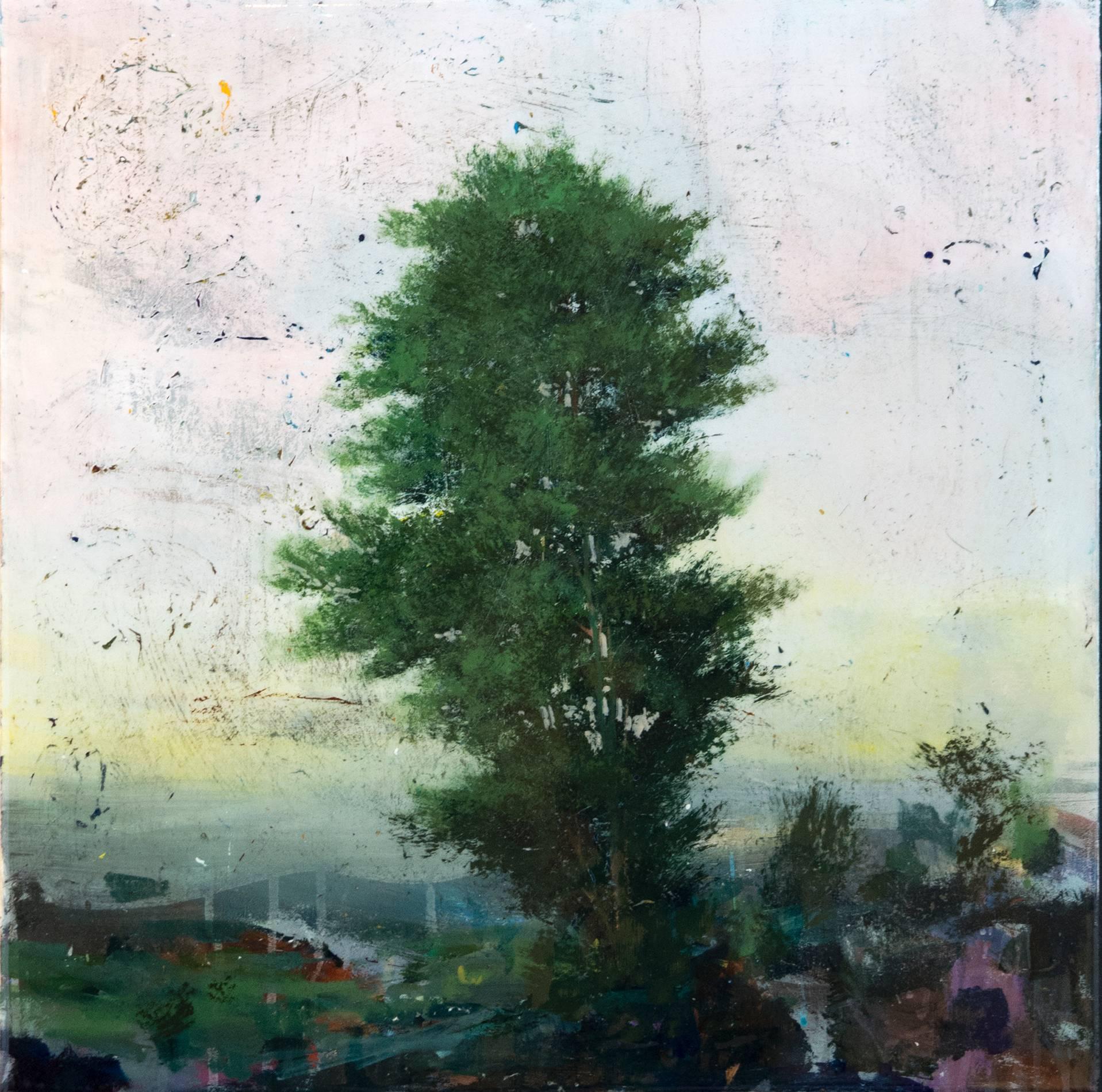 Peter Hoffer Landscape Painting - Peach Sky - yellow, blue, pink, landscape, contemporary, acrylic, resin on board