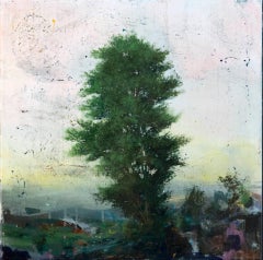 Peach Sky - giallo, blu, rosa, paesaggio, contemporaneo, acrilico, resina su tavola