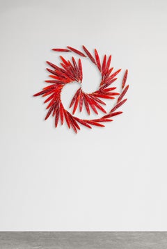 Flying With Fire: Abstract Red Glass Feathers Wall Sculpture, 42 x 42