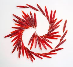 Flying With Fire: Abstract Red Glass Feathers Wall Sculpture, 42 x 42