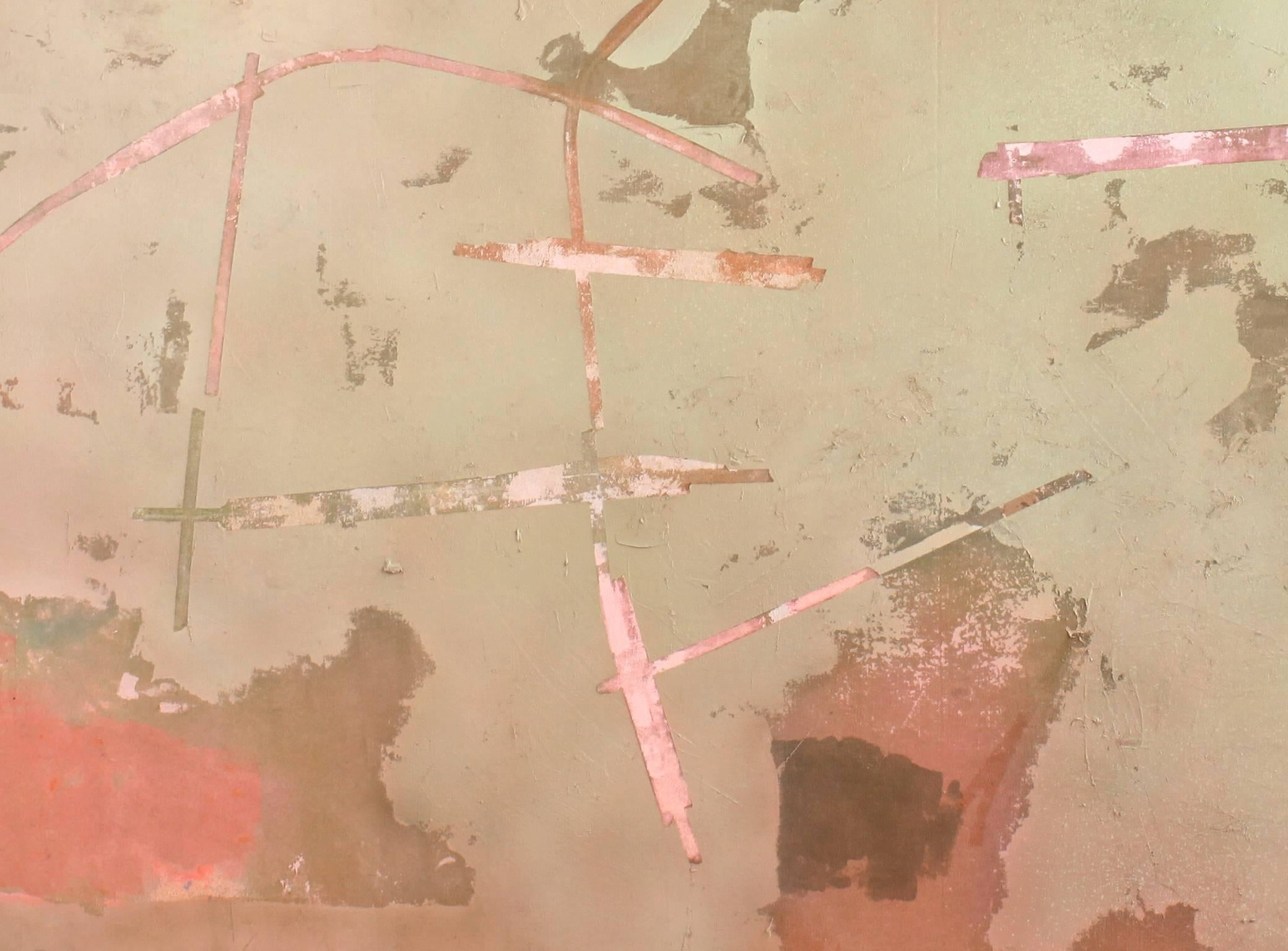 A palimpsest of pastel acrylics in this large canvas is revealed by calligraphic lines that expose the artist's initial light washes of medium. These lines form a loose grid that intersects with curated passages of champagne, pink, tan, pale green