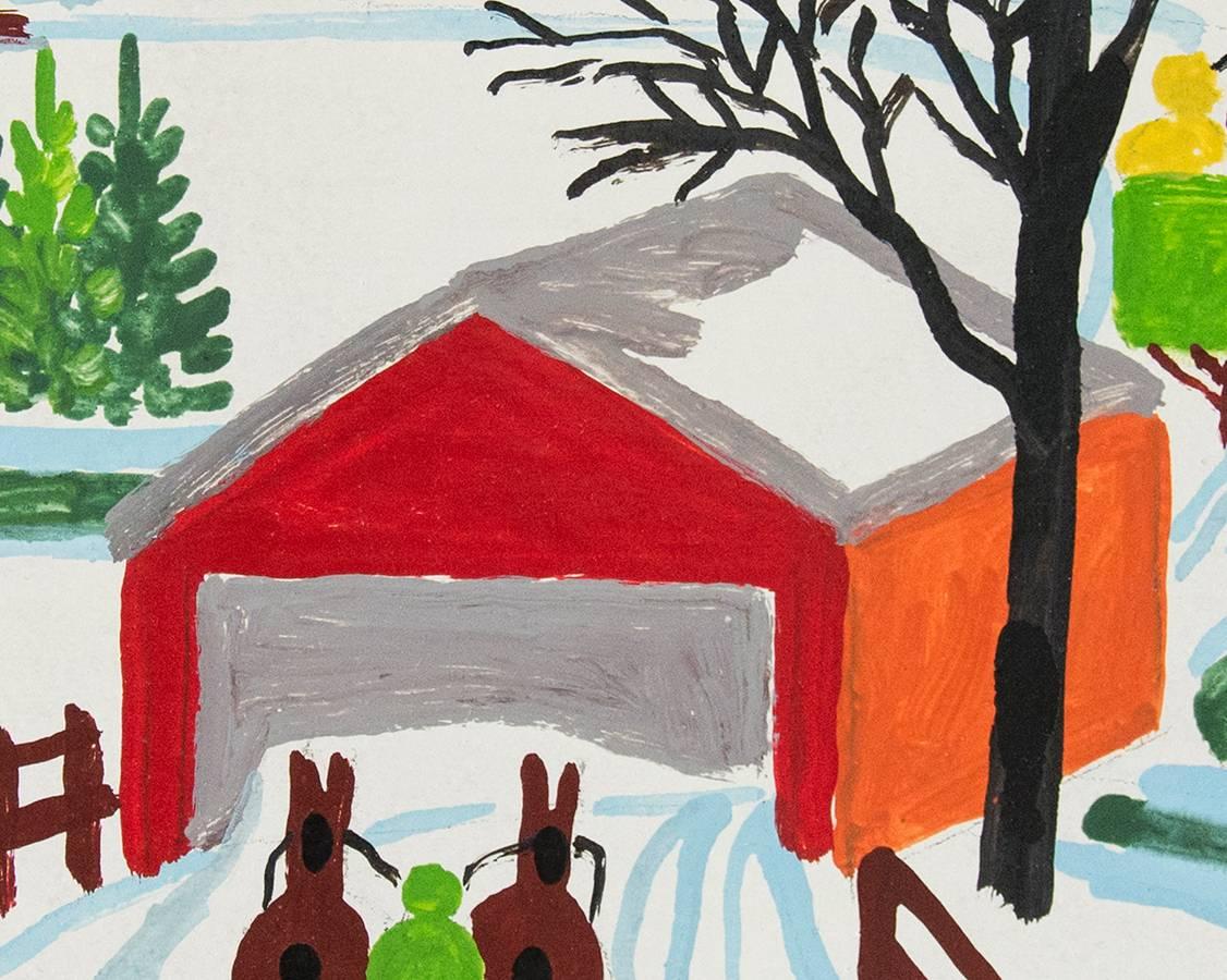 Charming rural landscape, featuring a covered bridge, horses and sleighs, and the village and church in the background.

The artist is the subject of a Irish/Canadian docudrama just released at the Toronto International Film Festival (2016). Maud