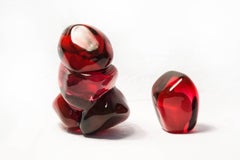 Four Pomegranate Seeds Plus One - small, bright, red, glass still life sculpture