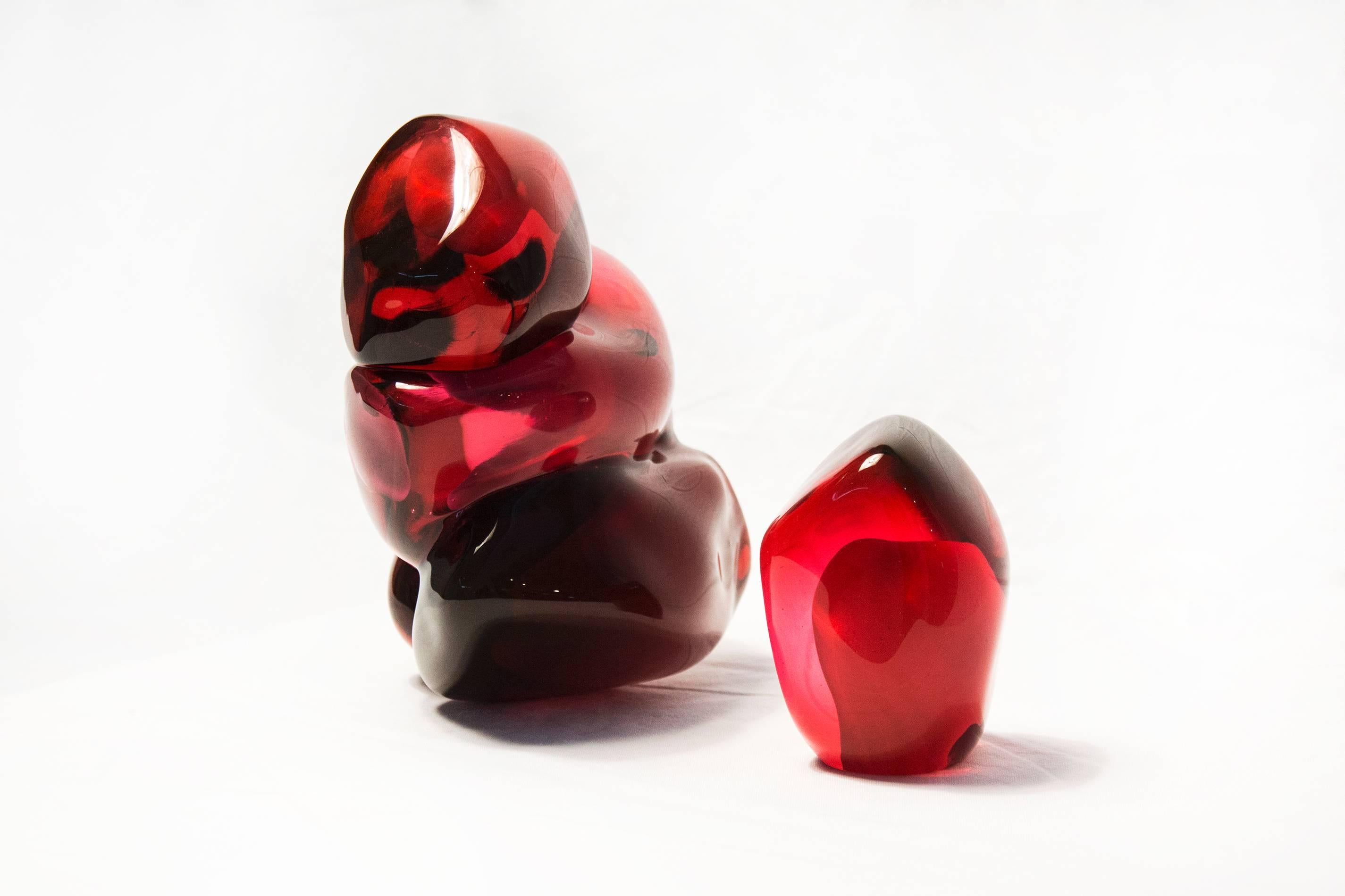 Four Pomegranate Seeds Plus One - small, bright, red, glass still life sculpture - Sculpture by Catherine Vamvakas Lay