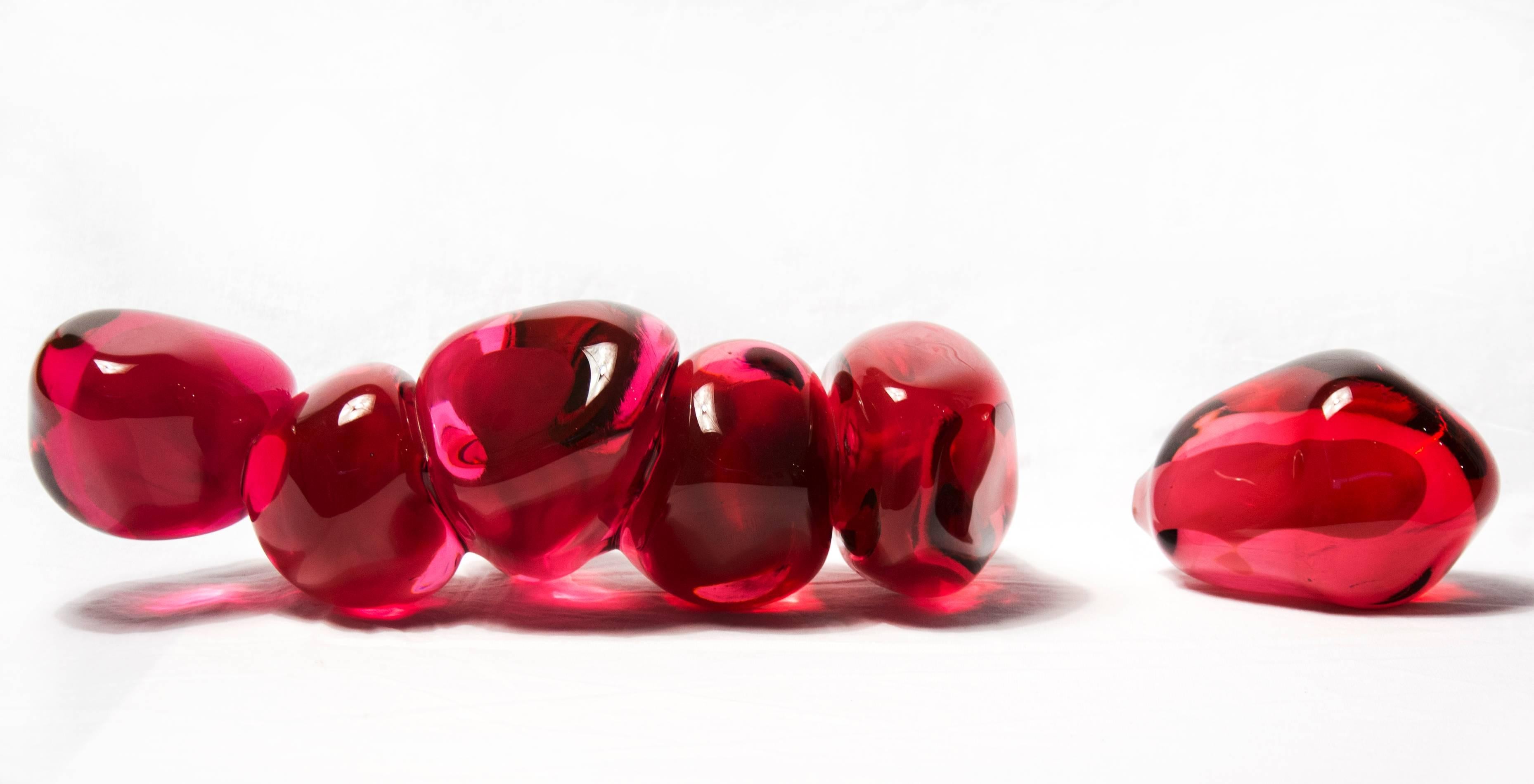 Persephone's Six Seeds - bright, red, pomegranate, glass, still life sculpture