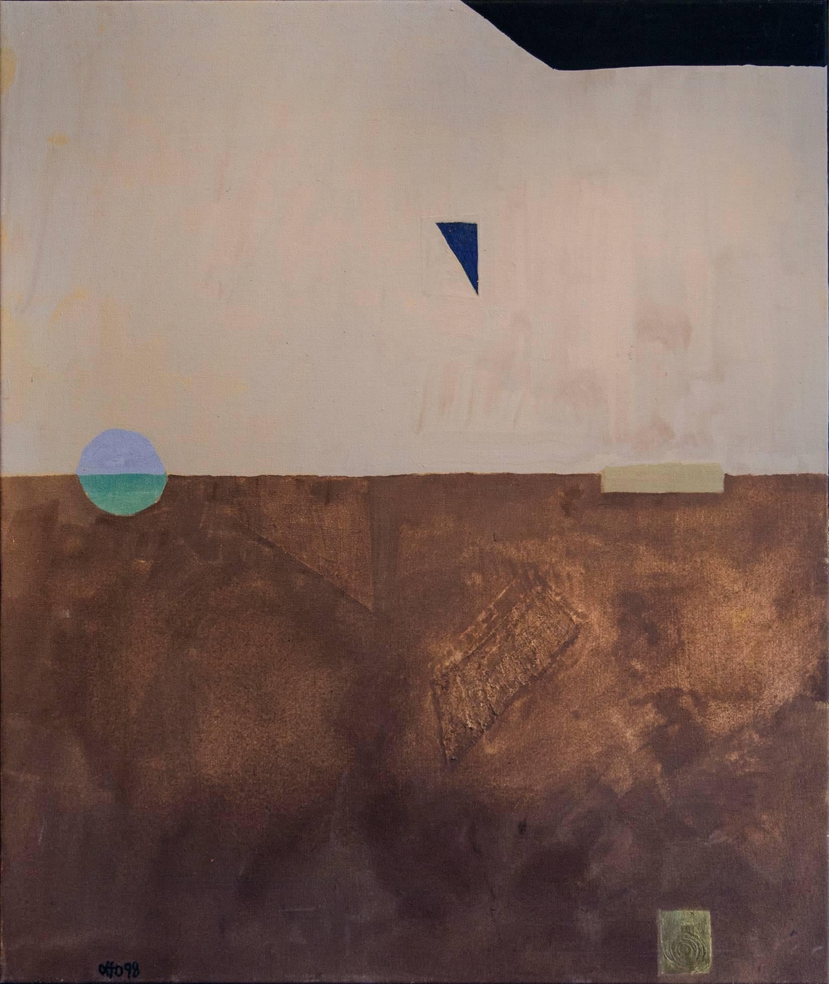 Otto Rogers Abstract Painting - Floating Triangle With a Circle in a Landscape