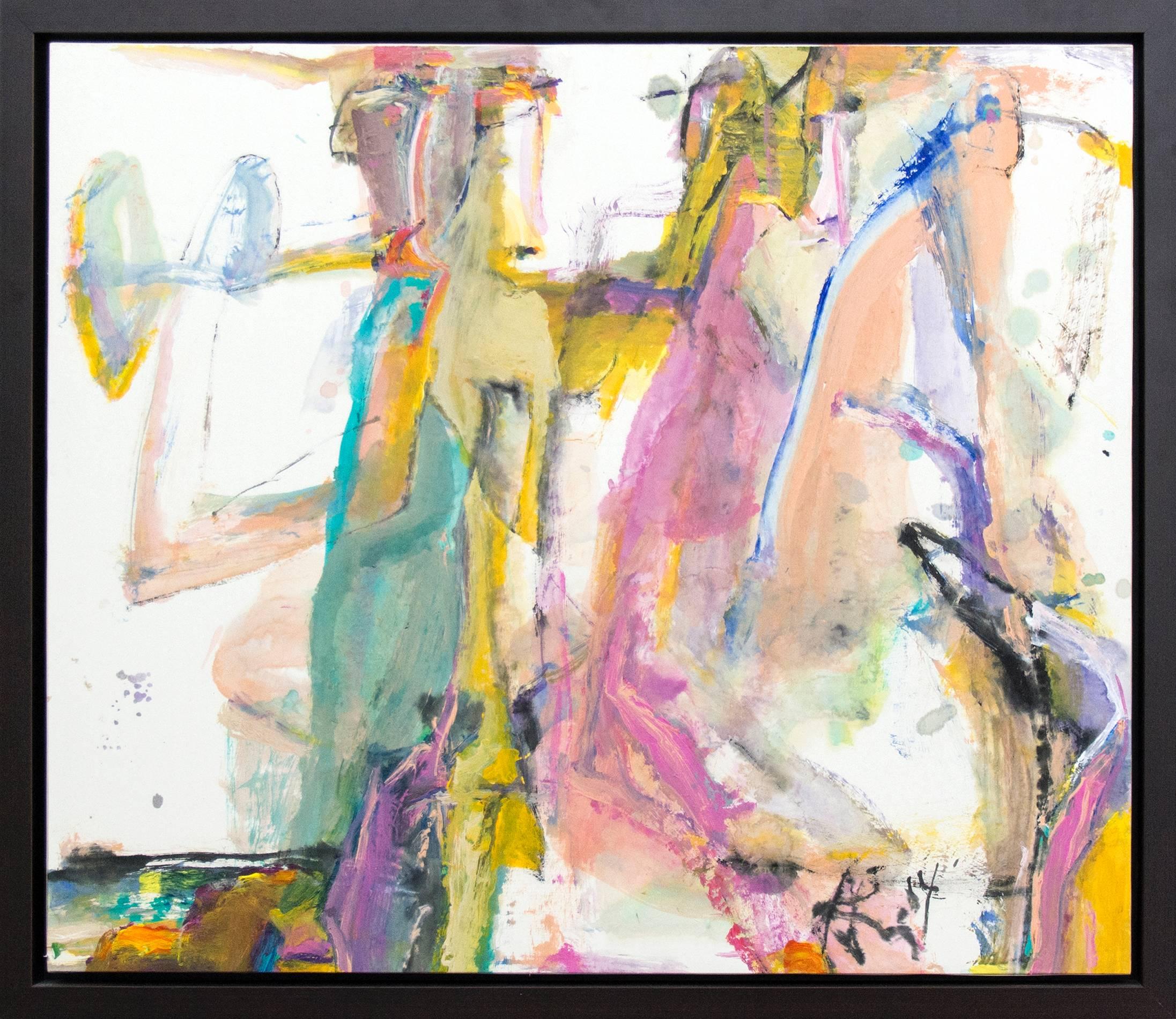 Brushed swaths of mauve, pink, violet, turquoise and deep yellow intersect with vigorous lines in grey and black to form a dynamic abstract composition in this 33 inch wide ink and acrylic painting on rice paper. The colorful forms created are