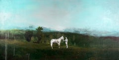 Horse and Rider - grande, verde, blu, paesaggio, figurativo, tecnica mista su juta