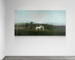 Horse and Rider - grande, verde, blu, paesaggio, figurativo, tecnica mista su juta