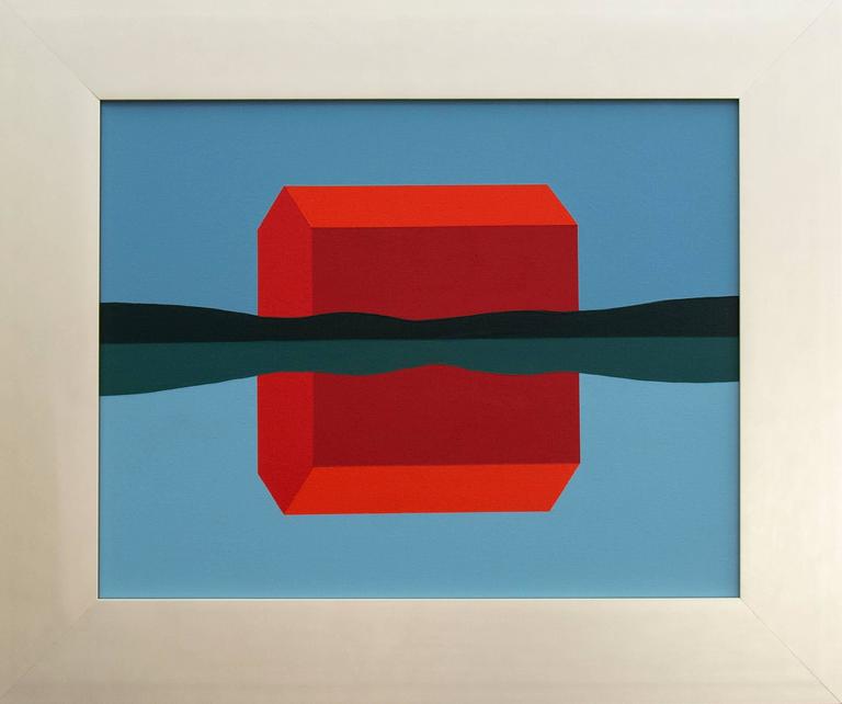 Red Barn Reflected - abstracted acrylic landscape with bright red, blue and teal - Painting by Charles Pachter