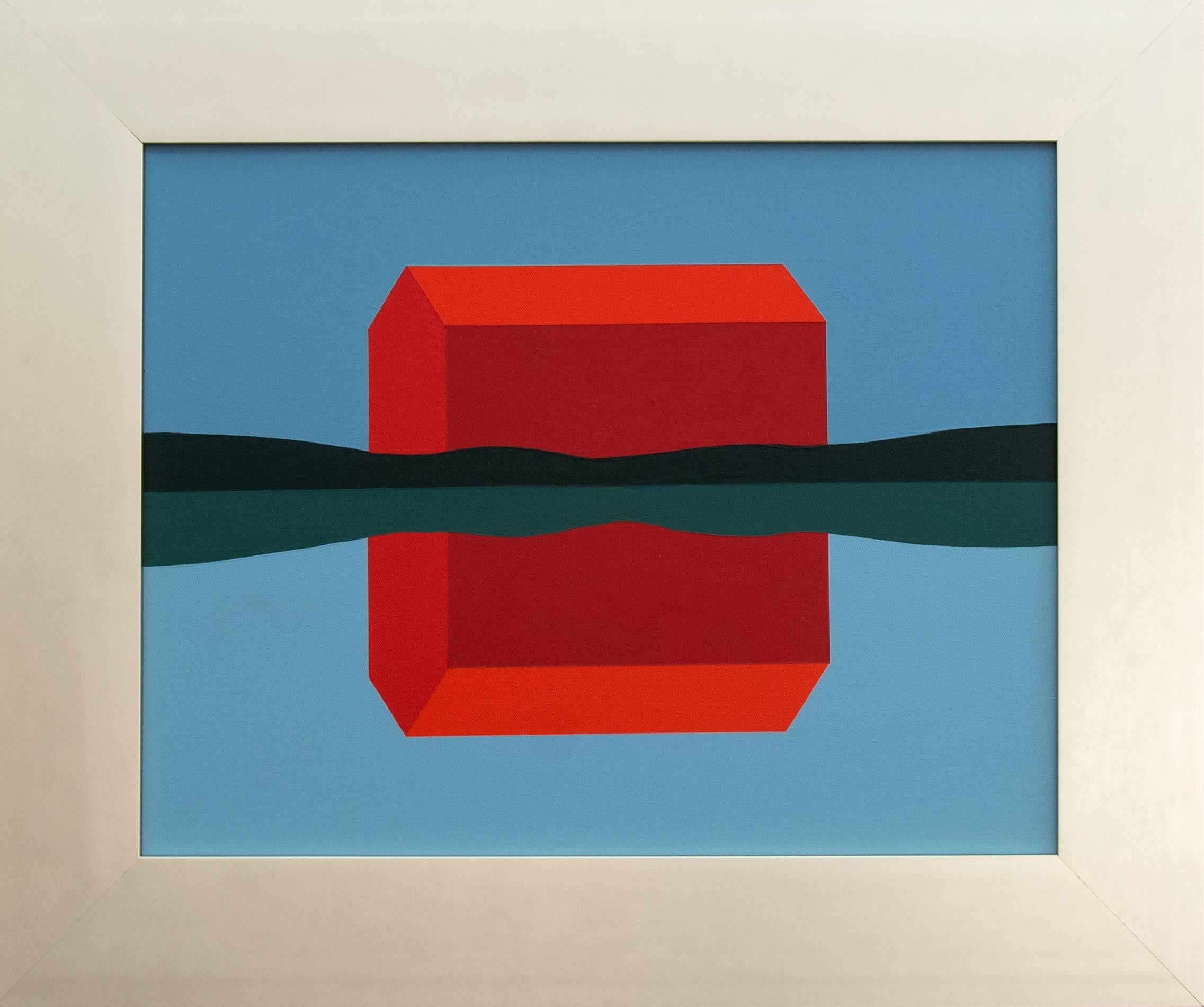 Barn Red Reflected - paysage abstrait en acrylique rouge, bleu et sarcelle - Painting de Charles Pachter