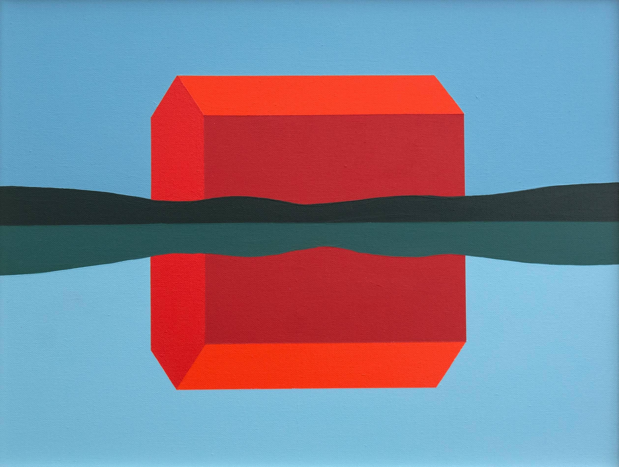 Charles Pachter Landscape Painting - Red Barn Reflected - abstracted acrylic landscape with bright red, blue and teal