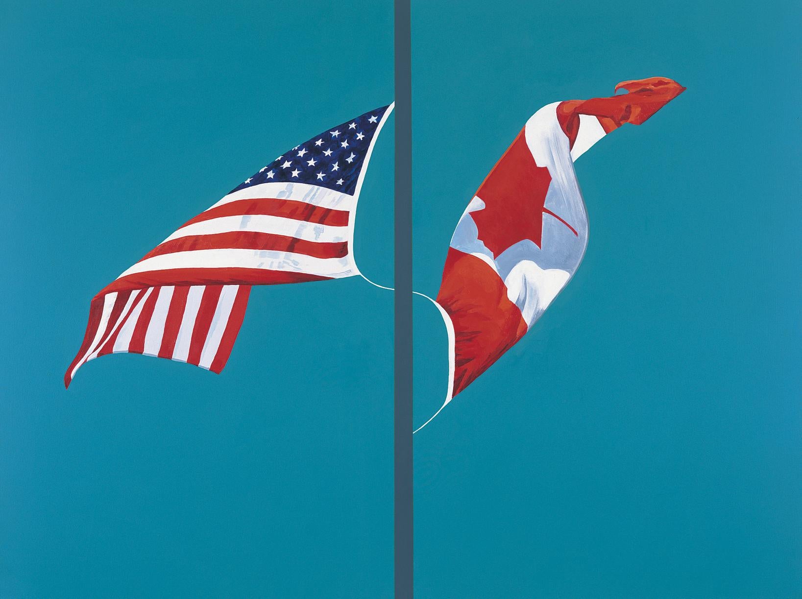 Charles Pachter Landscape Print - Side By Side 6/8 - bright, colourful, political, flag, Canada, USA, giclée print