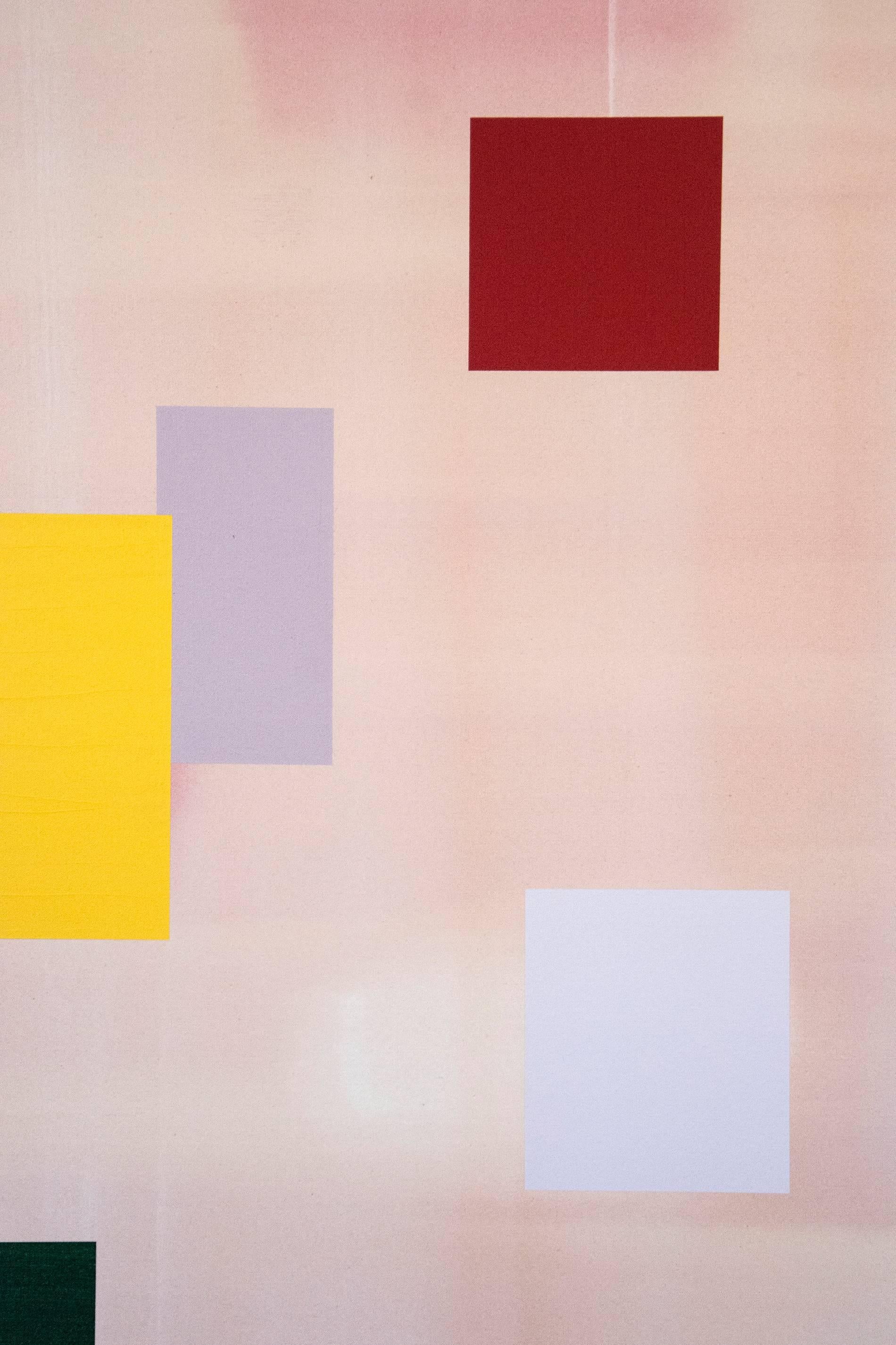 Float - élégants carrés flottants rose doux avec des touches jaunes et marron - Beige Abstract Painting par Milly Ristvedt