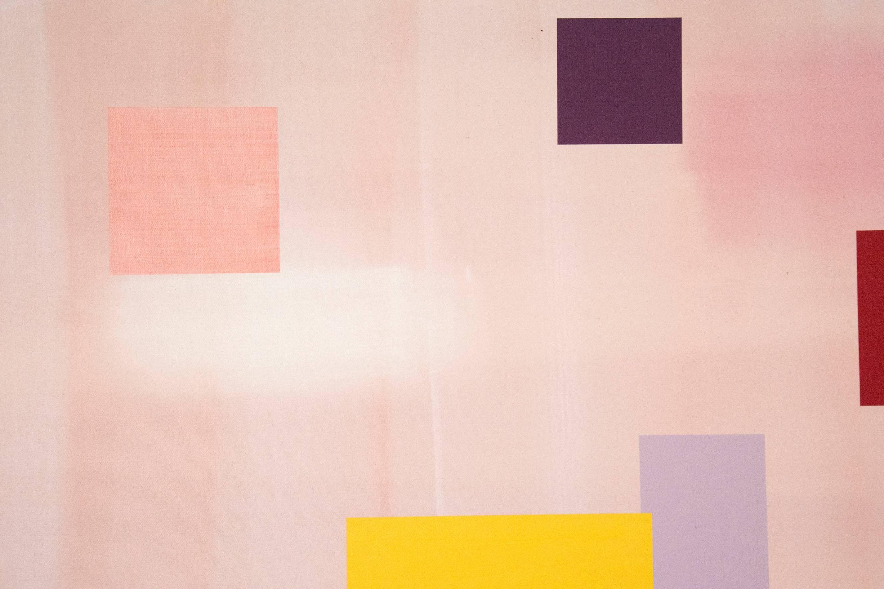 Float - élégants carrés flottants rose doux avec des touches jaunes et marron - Contemporain Painting par Milly Ristvedt