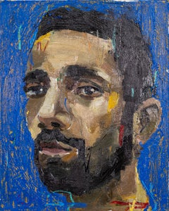 „Porträt mit Blau“ – zeitgenössische abstrakte Malerei, 20 x 16 Zoll