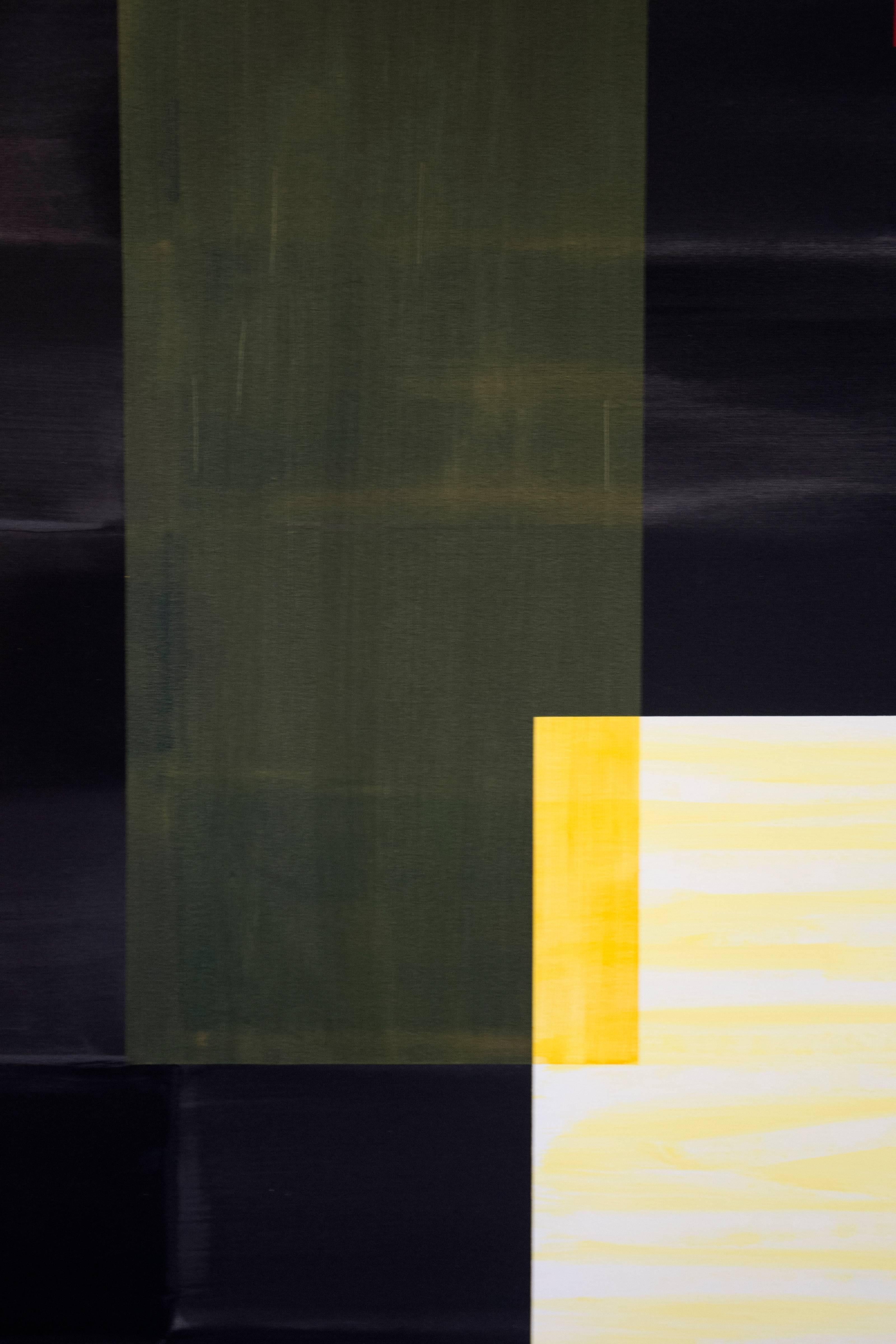 Black - large, yellow, green, blue, geometric abstraction, acrylic on canvas - Painting by Milly Ristvedt