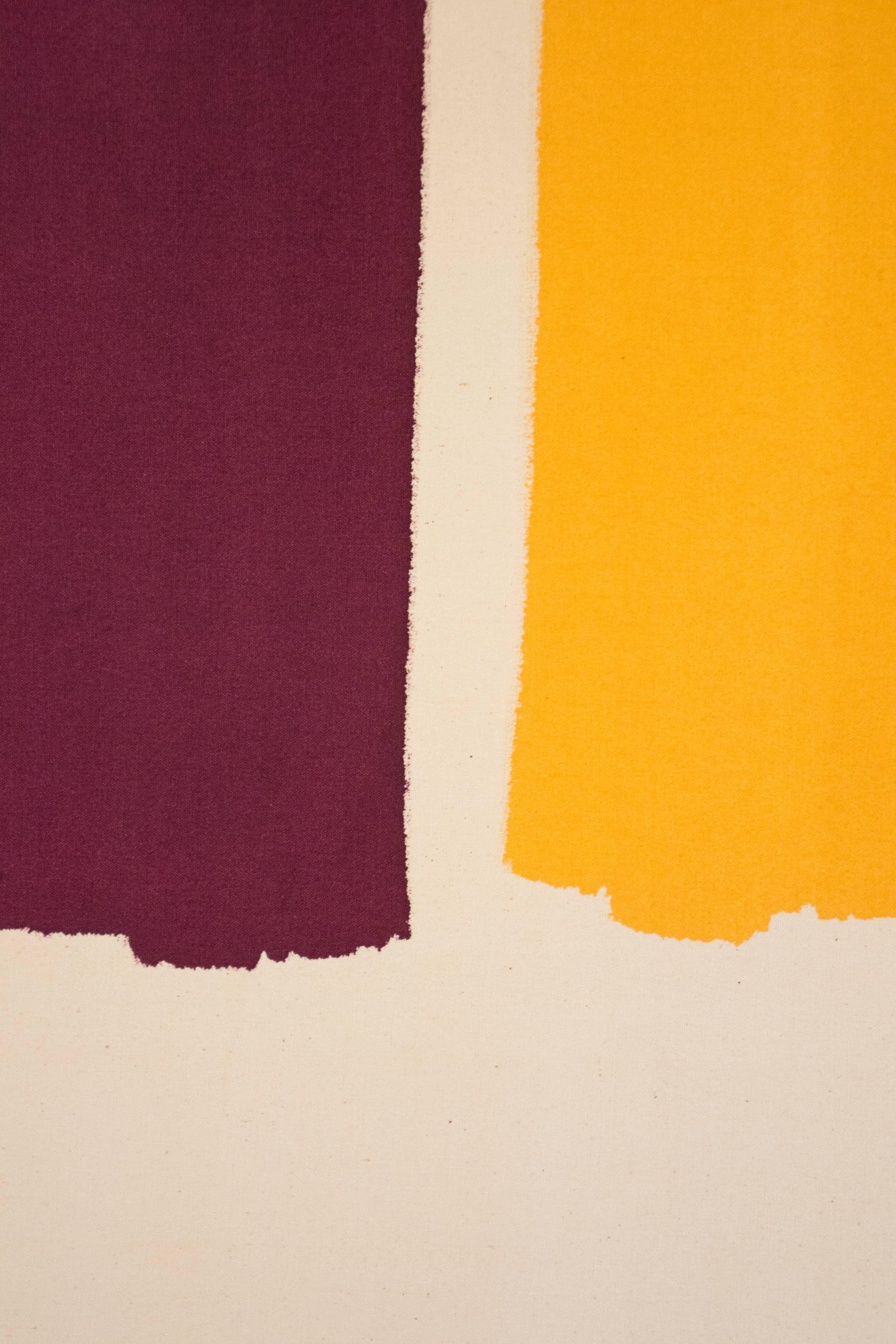 Curated vertical ribbons of light blue, maroon, lemon yellow, rust-brown and light brown drop down from the top of the square picture plane and finish in uneven ends. The rhythm of spacing between the lengths of color is reflected in the title,