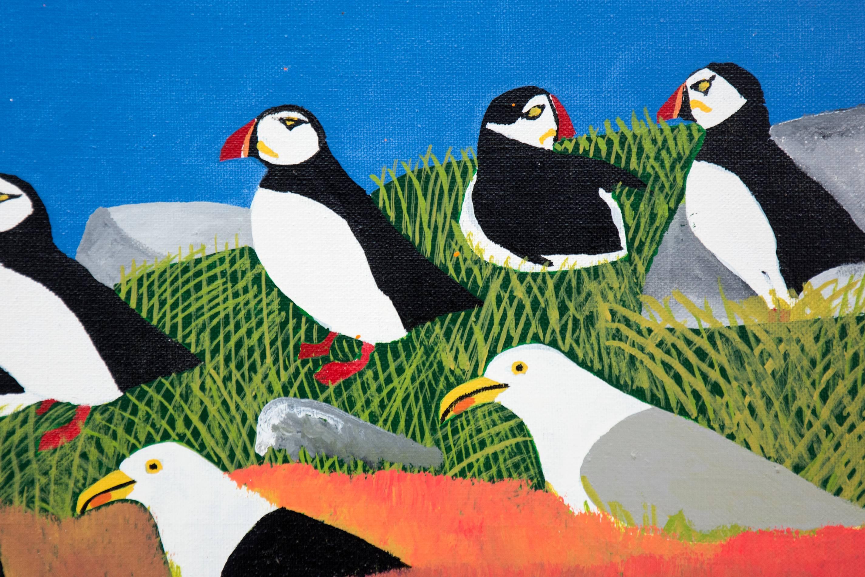 Gulls and Puffins - Painting by Joe Norris