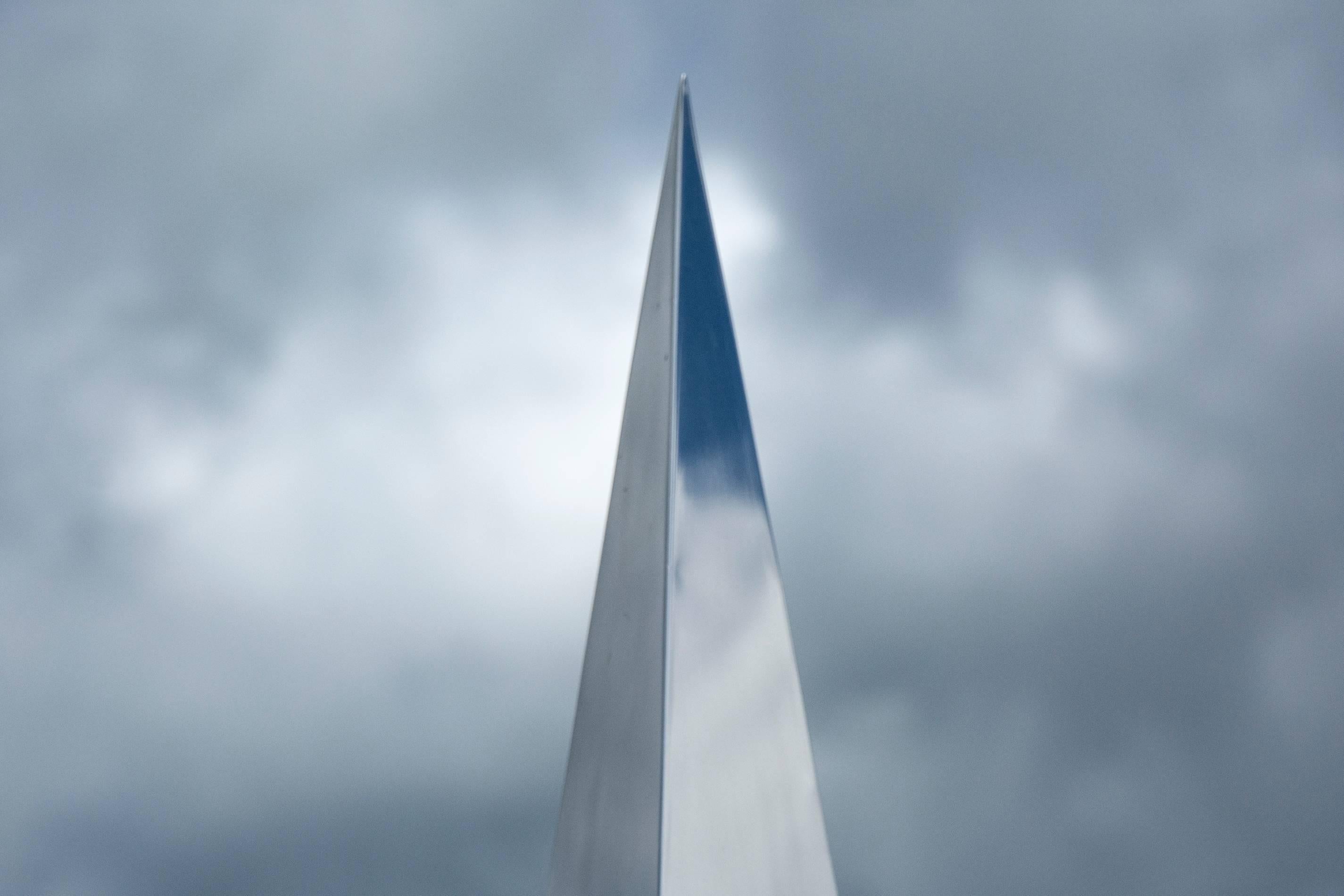 Pyramid of Reflection - tall, outdoor, triangular, stainless steel sculpture - Abstract Sculpture by Wojtek Biczysko