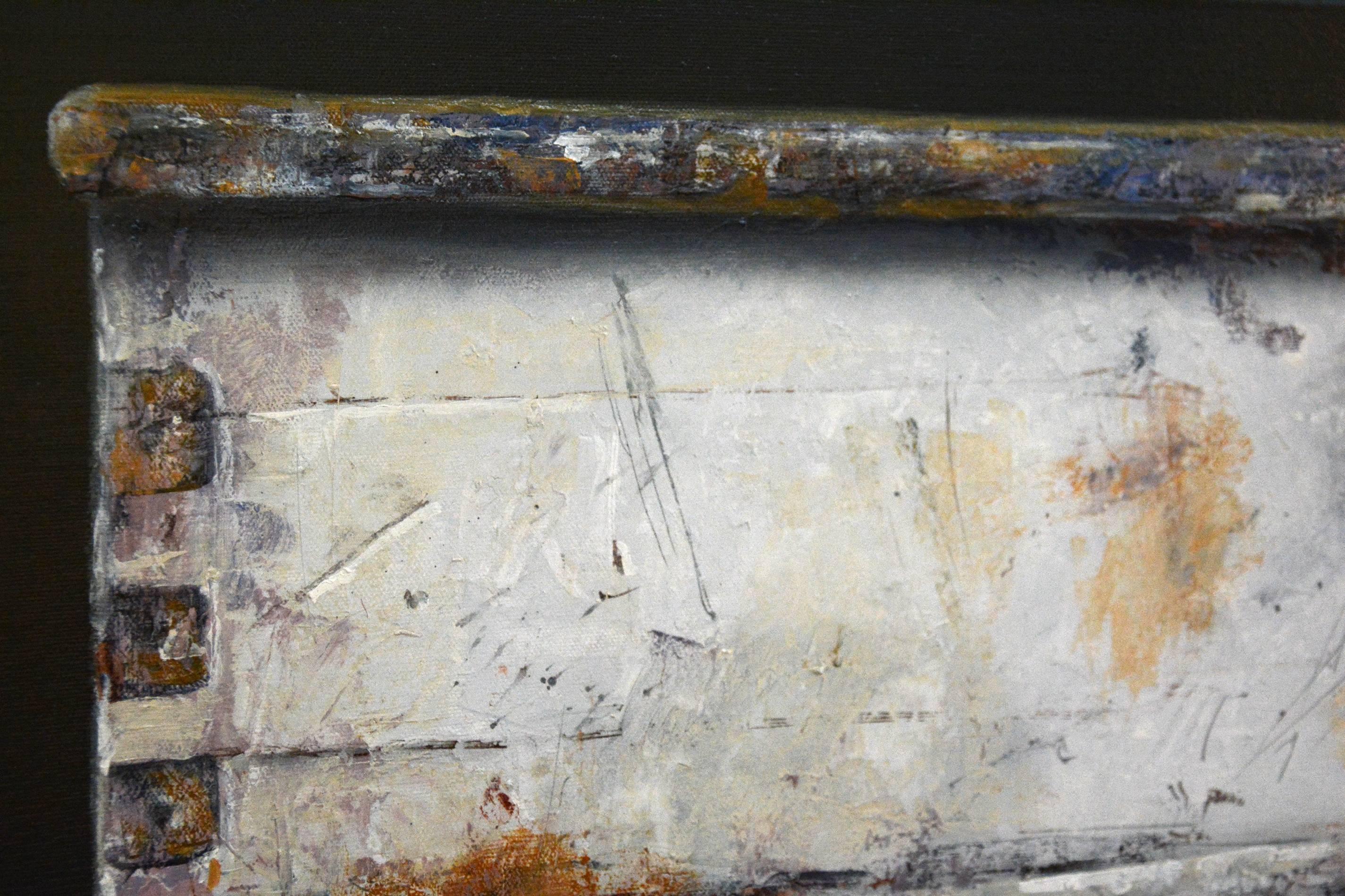 White Box - rustic, vivid detail, realist, still-life oil on canvas - Black Still-Life Painting by Ciba Karisik