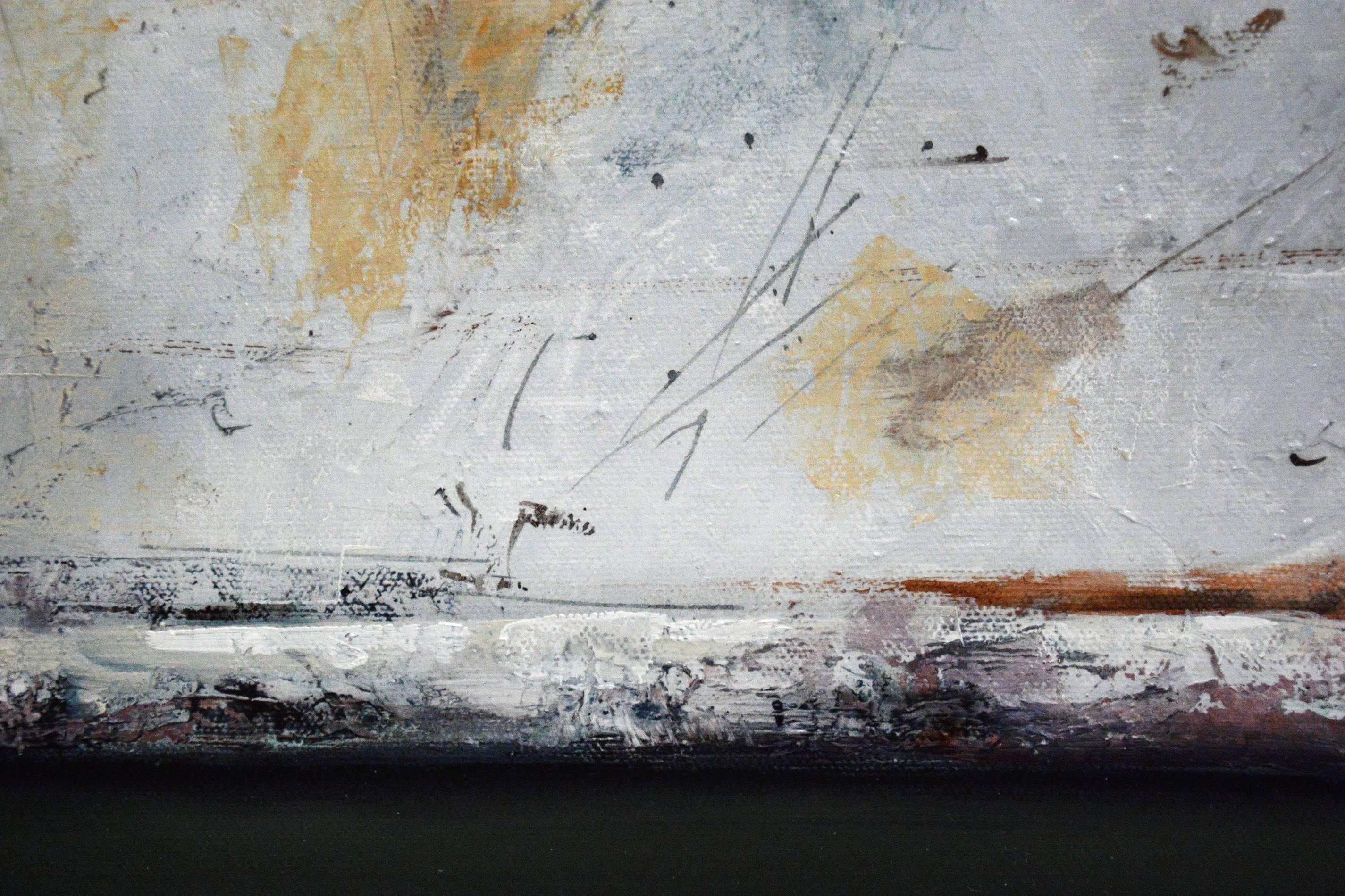 An antique white box, scarred by time and its lock missing, is depicted iconically on a dark reflective table top in this oil on canvas by Ciba Karisik. This highly realistic technique of painting is rooted in a European painting tradition of trompe