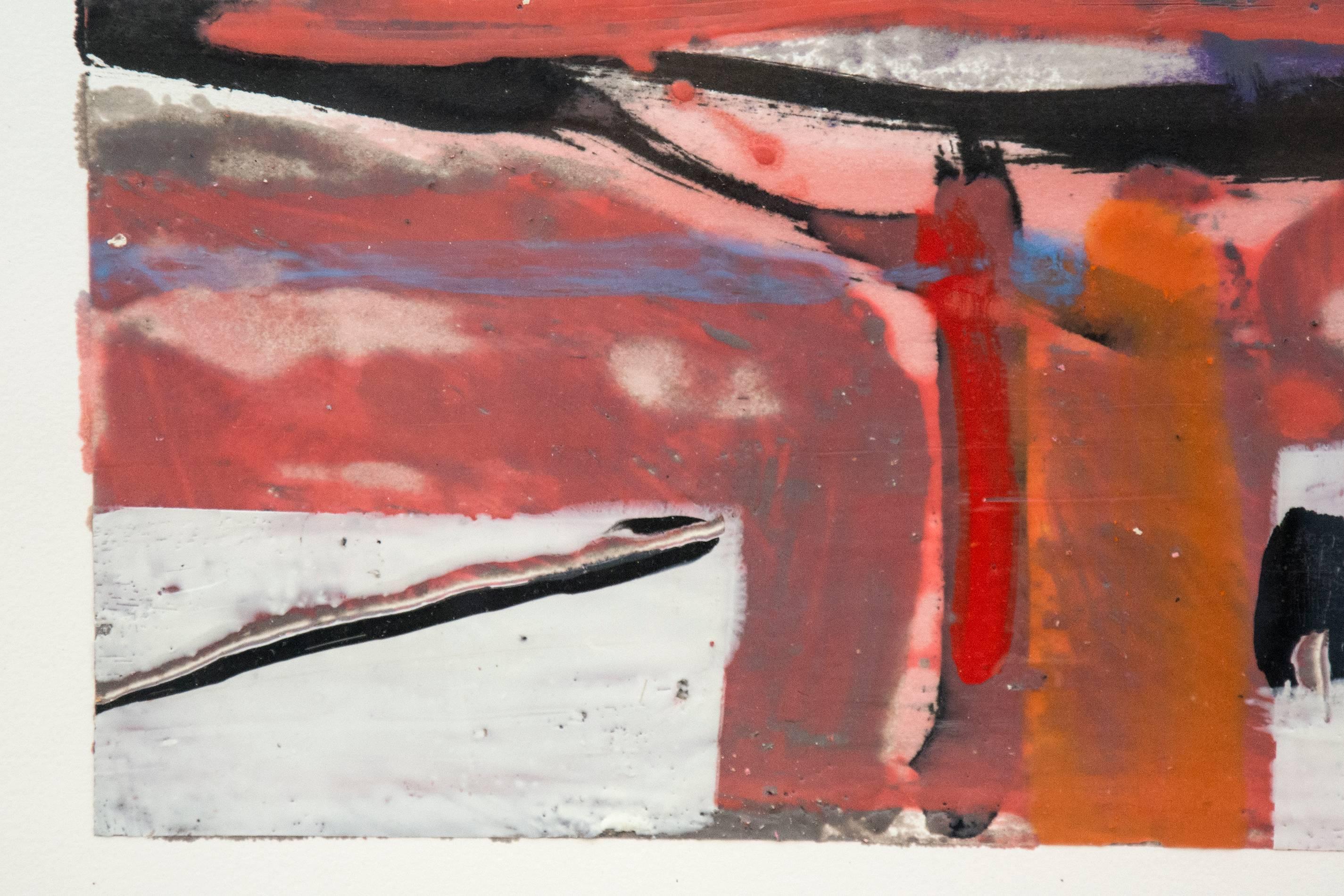 Carn - abstract landscape with pale red, orange, mauve and black - Painting by Simon Andrew