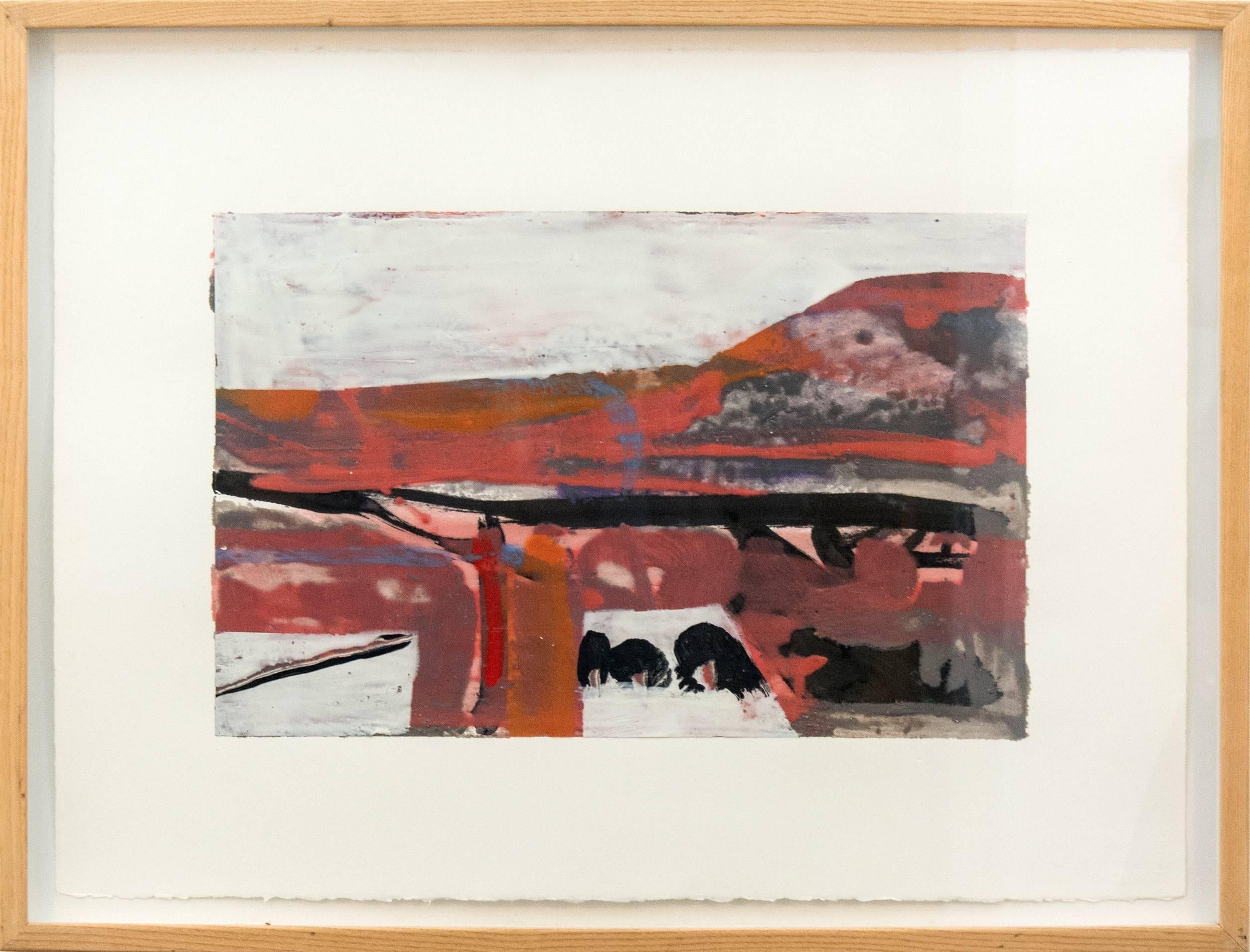 Carn - abstract landscape with pale red, orange, mauve and black - Contemporary Painting by Simon Andrew