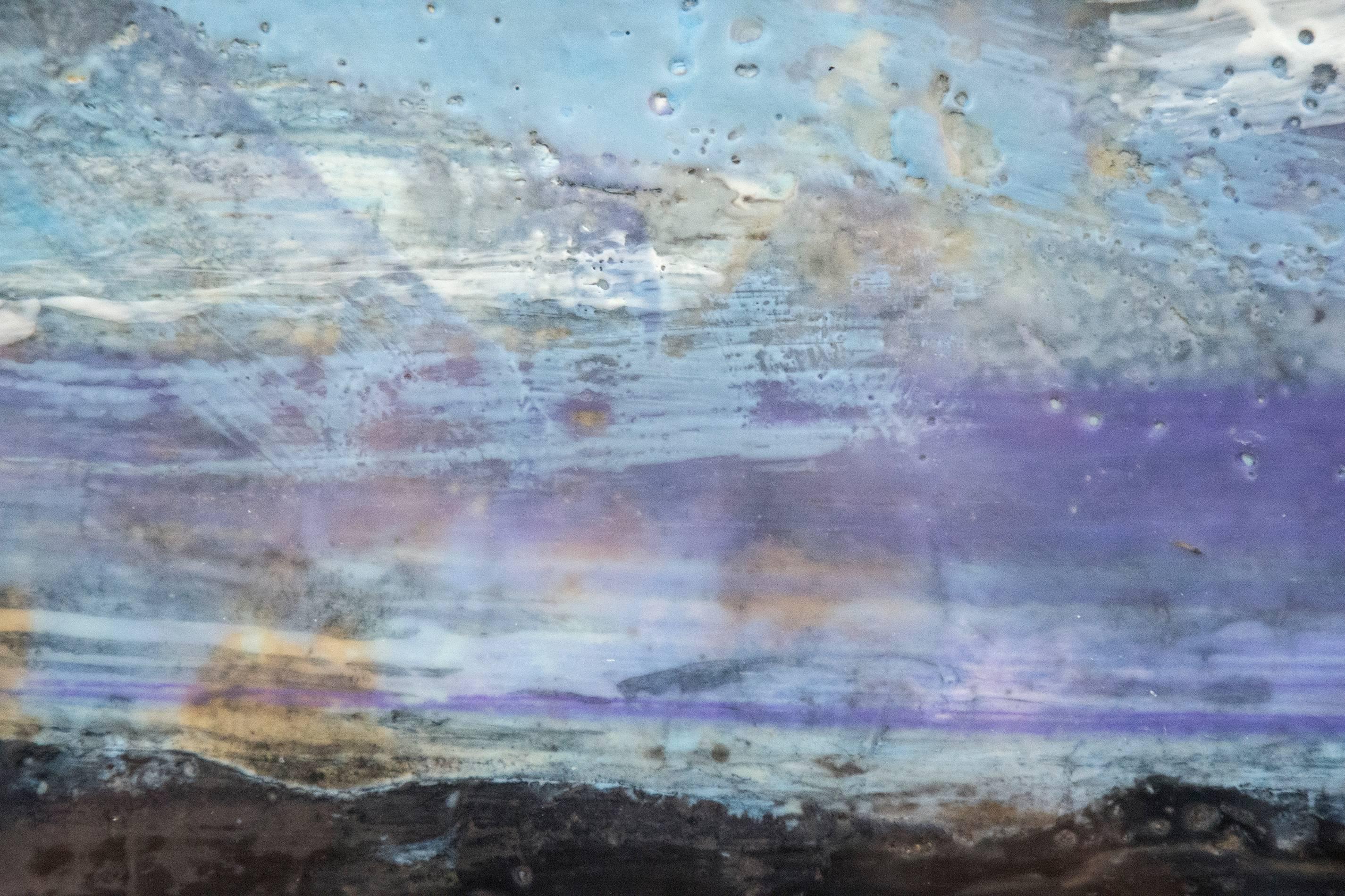 Evening Storm - encaustic landscape with a white, twilight blue and violet sky - Painting by Simon Andrew