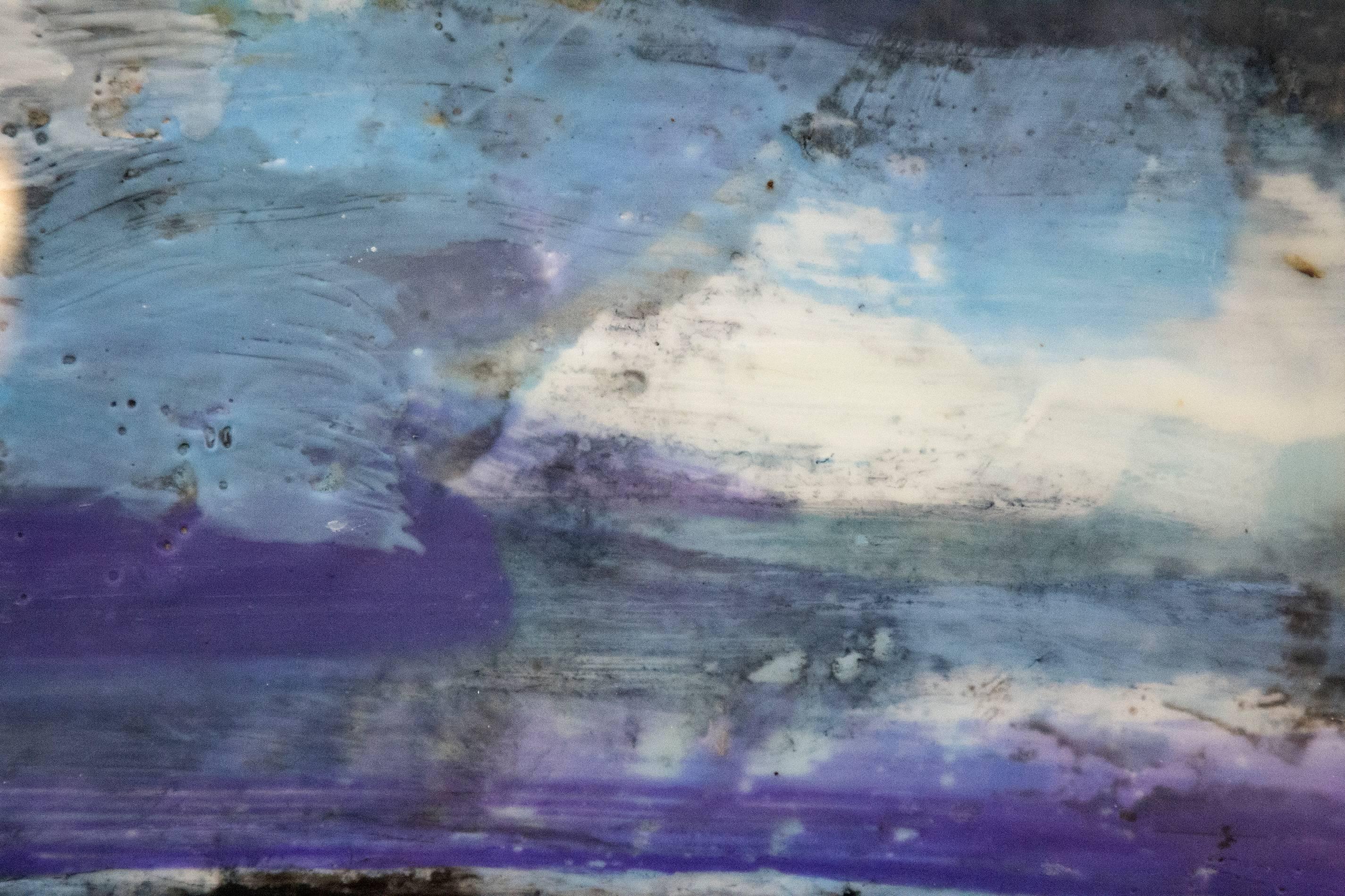 Evening Storm - encaustic landscape with a white, twilight blue and violet sky - Contemporary Painting by Simon Andrew