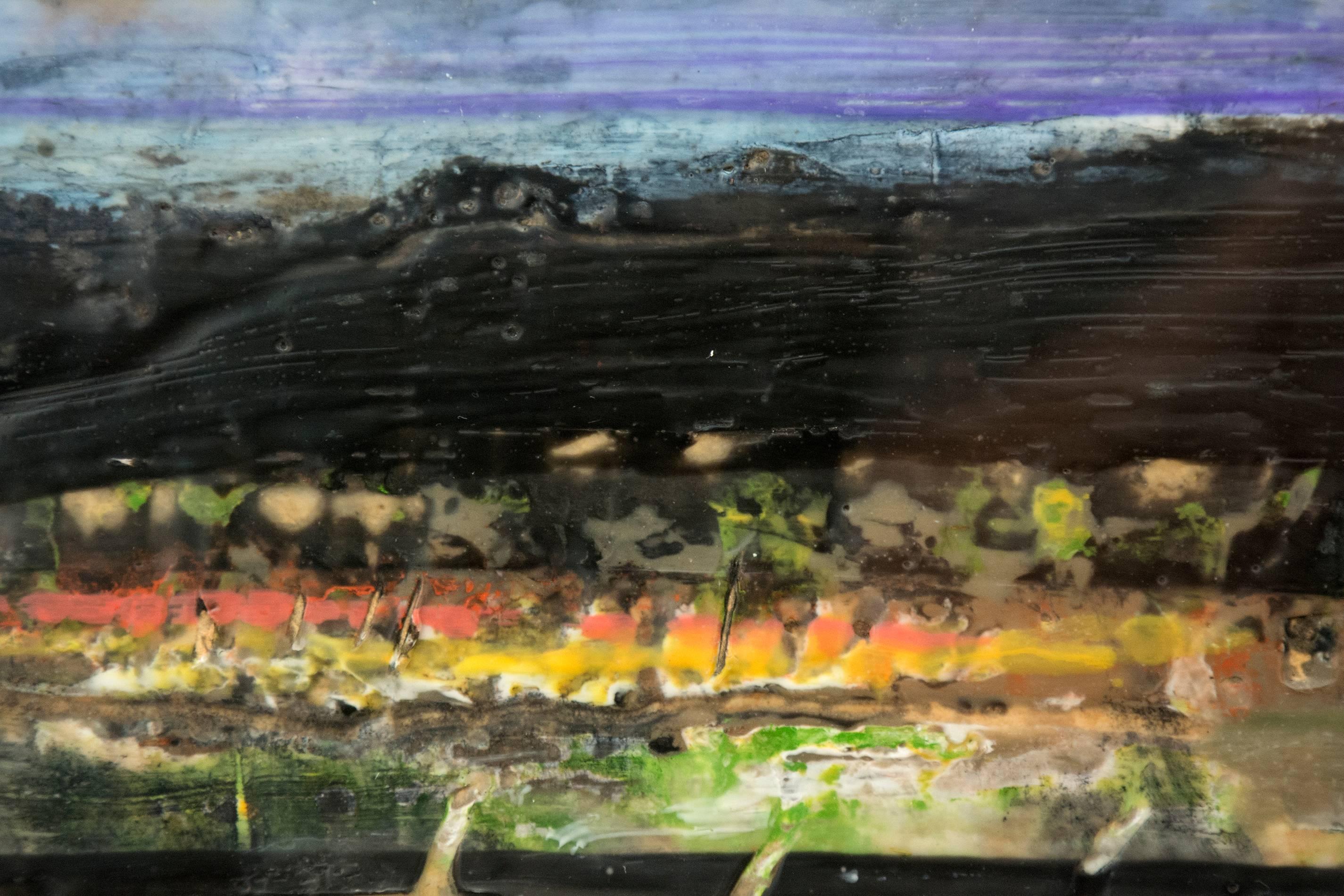 Evening Storm - encaustic landscape with a white, twilight blue and violet sky - Gray Landscape Painting by Simon Andrew