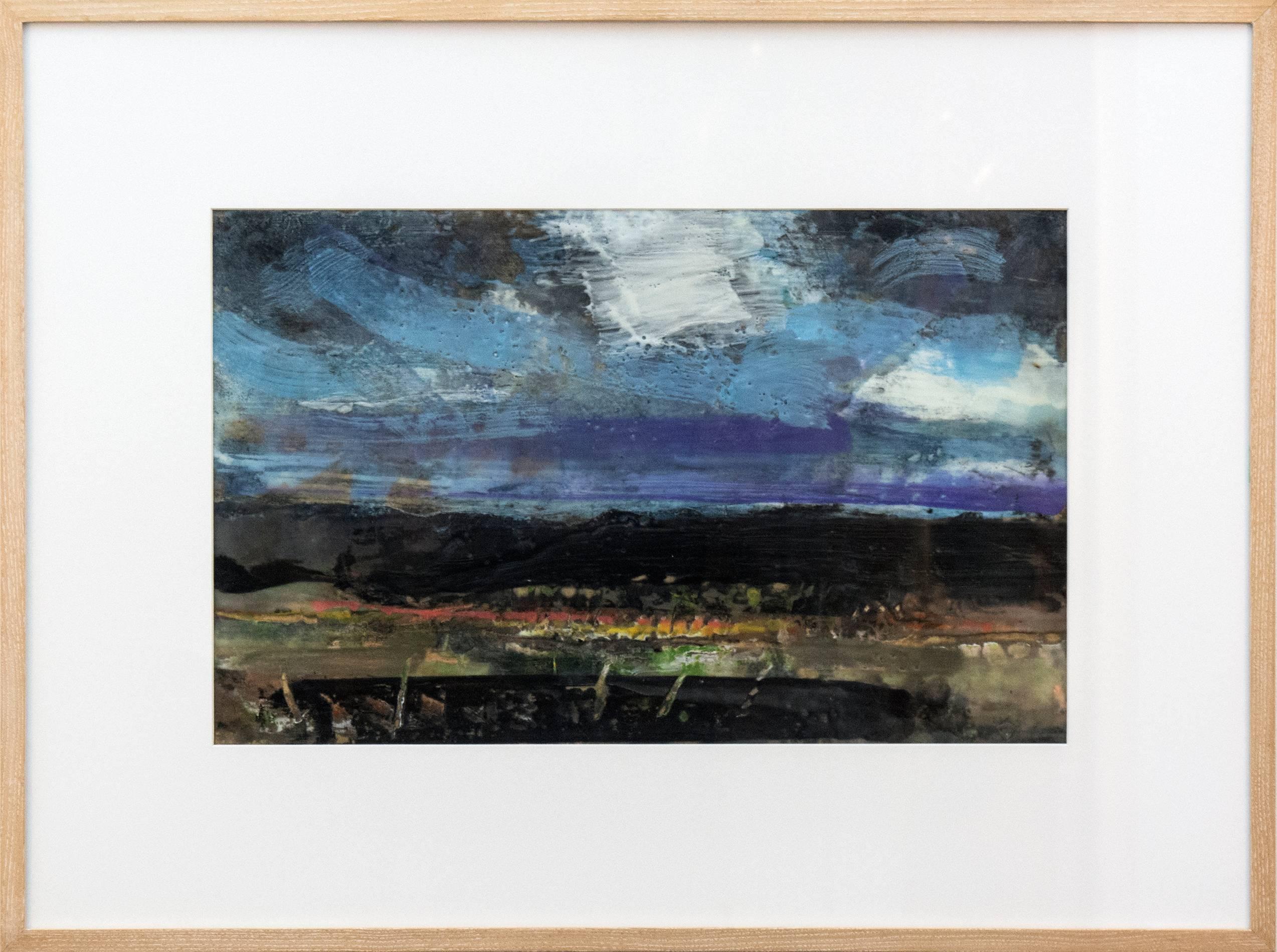 A glowering charcoal, twilight blue and violet sky descends on a black shadowed mountain and English town in this small encaustic on paper by Simon Andrew. The vigorous brushstrokes used in this work reflect Andrew's 