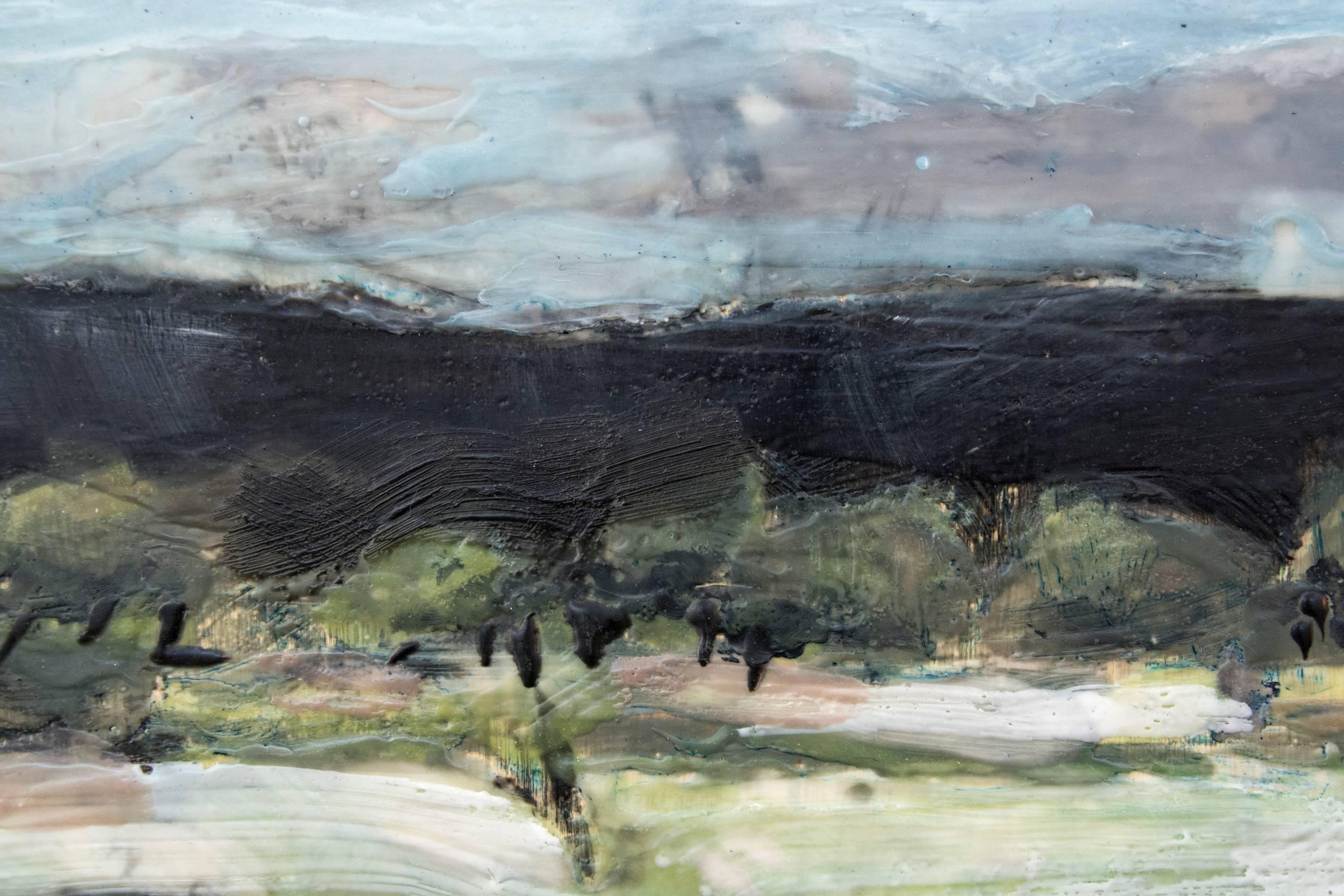 Orchards at Dusk - emotive encaustic on panel with pale green, blue and charcoal - Contemporary Painting by Simon Andrew