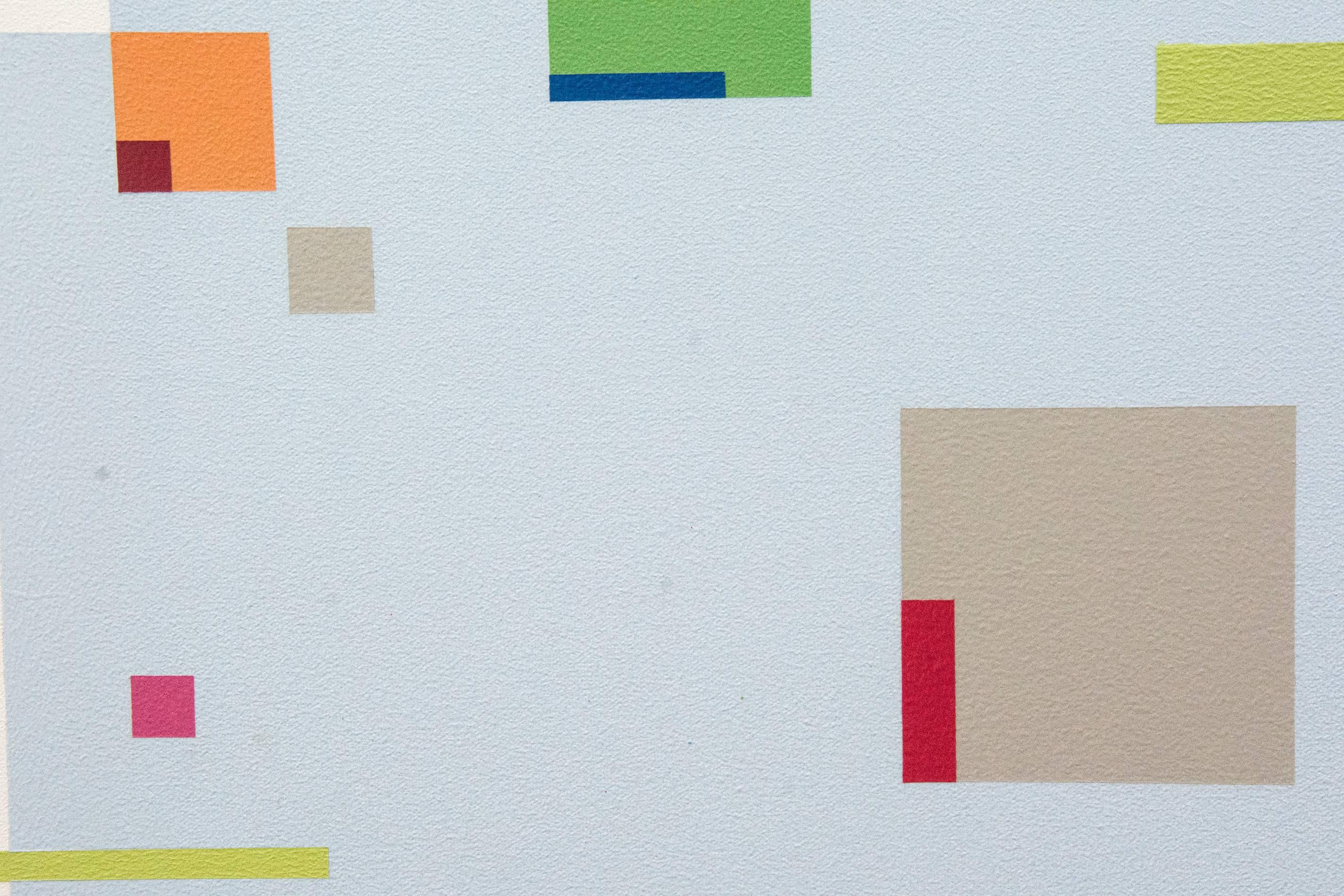 Große und kleine Rechtecke und Quadrate in Grau, Grün, Rot, Blau und Orange tanzen auf dieser Leinwand von Burton Kramer über ein Orthogonal aus Hellblau auf weißem Grund. Der Titel des Gemäldes bezieht sich auf den elektronischen Synthesizer Moog,
