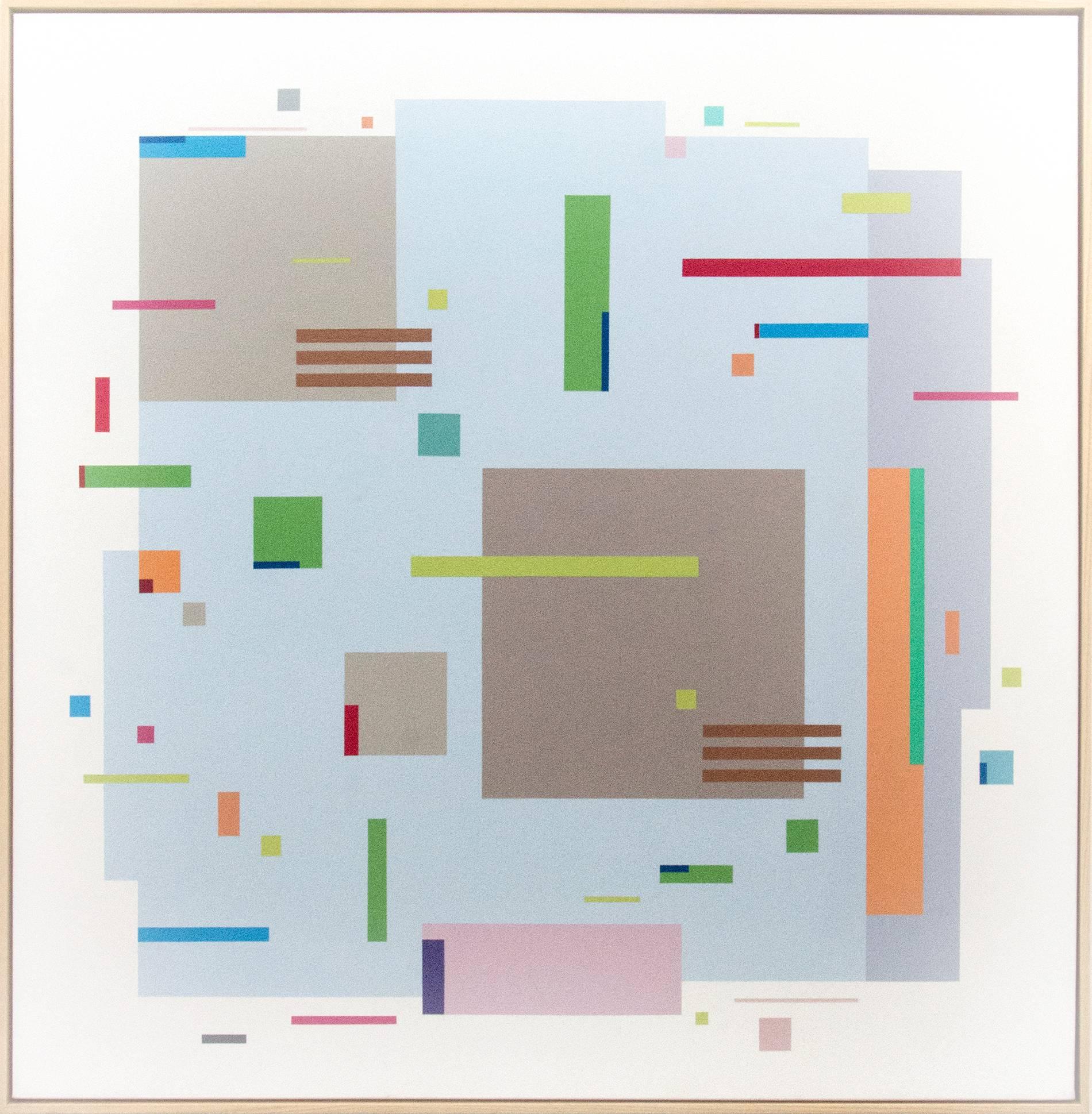 Burton Kramer Abstract Painting – Moog Music 5C5Q2 – helle, geometrische Abstraktion, modernistische Moderne, Acryl auf Leinwand