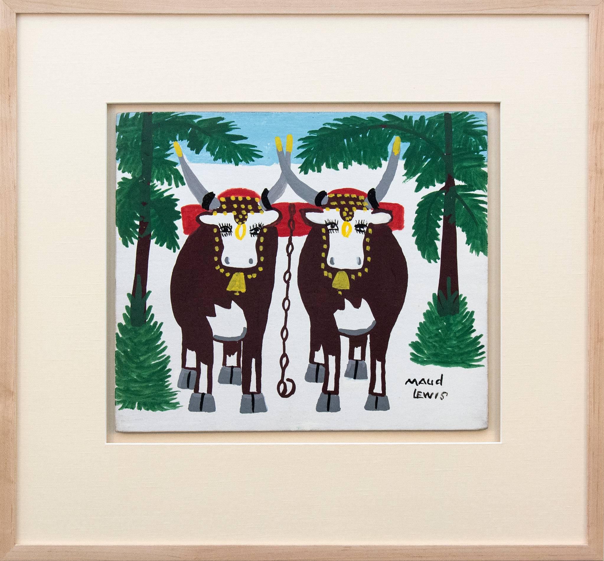 Pair of Oxen - Folk Art Painting by Maud Lewis